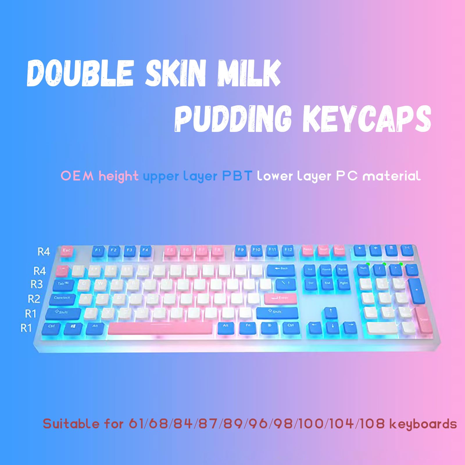 Pudding Keycaps, PBT Keycaps 129 Keycaps Set Ensemble de Touches personnalisées, Shine Through Keycaps Profil OEM, Compatibilité Universelle pour Clavier 100%, 75%, 65%, 60%,Blue