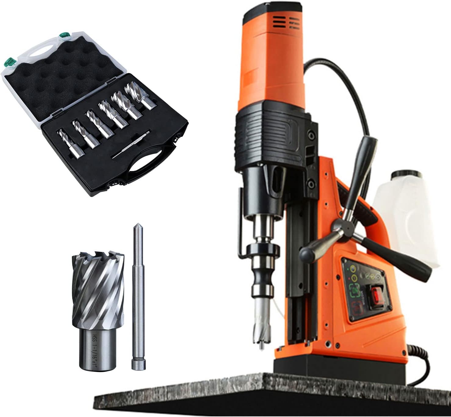 1500W MD60 Magnetic Drill Press, 2-3/8 Inch (60mm) TCT Annular Boring Dia. 15000N Magnetic Force Magnetic Drilling System with 2'' Cutting Depth 6 PCS HSS Annular Cutter Kit and 1 PC Pilot Pin