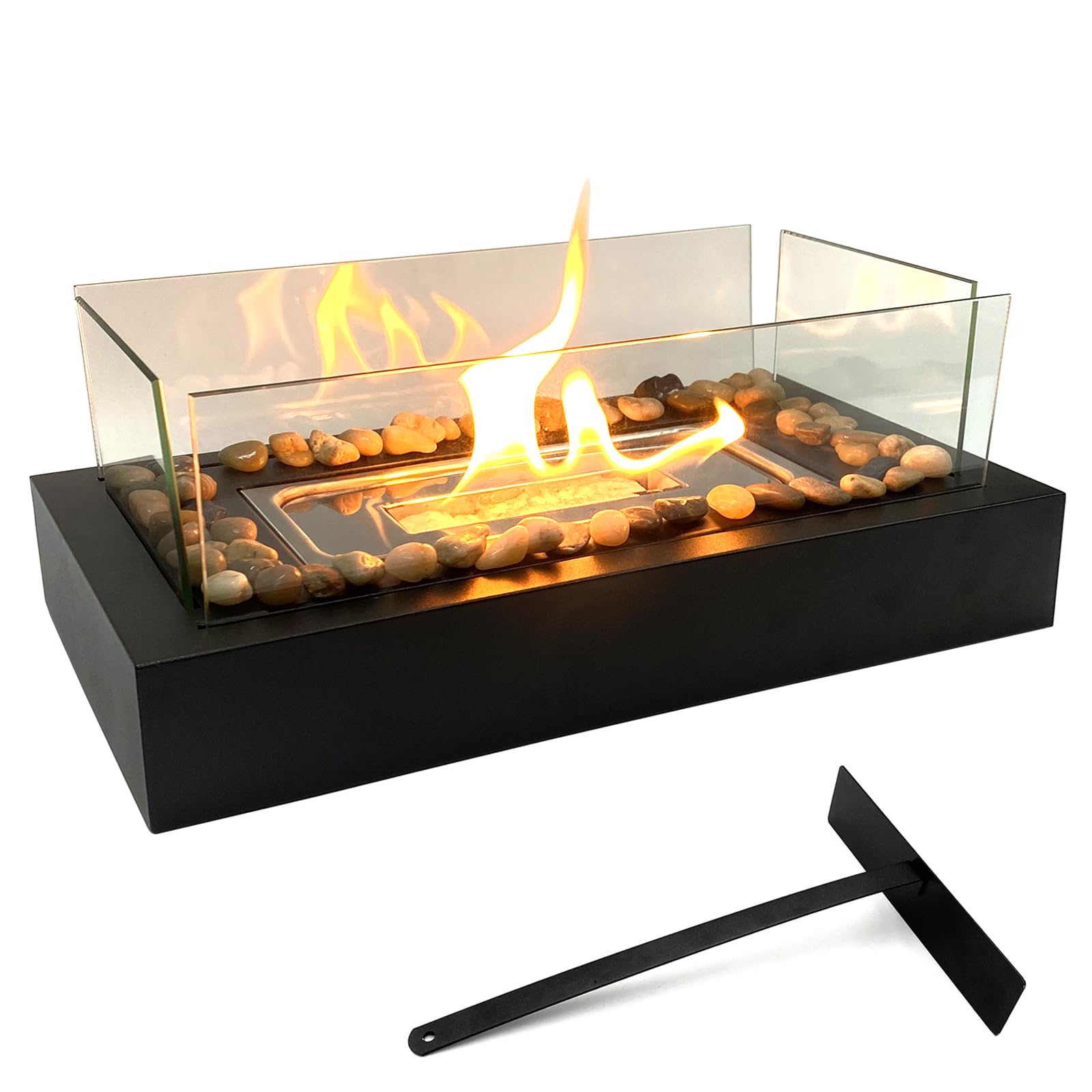 Safer Fire Pit - Tabletop Fire Pit with Cobblestone and 4 Panels - Indoor Outdoor Small Table Top Firepit for Smores Maker Parties Patio Camping Decor, Gift Ideas