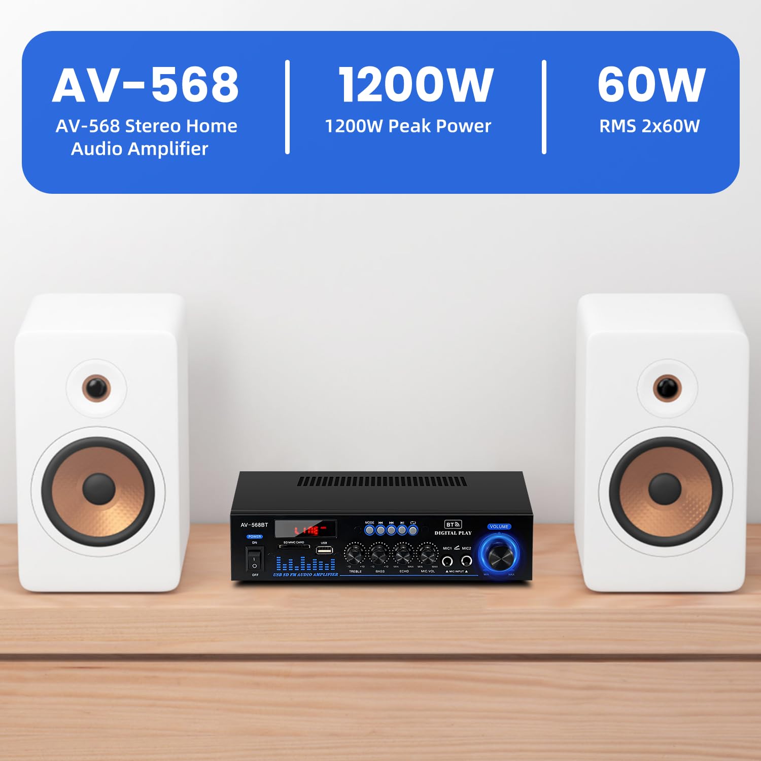 1000W amplificateur hifi, 2 Canaux ampli Bluetooth 5.0 RMS 60 W X2 Stereo pour Les Enceintes Domestiques enceinte hifi avec Contrôle des Basses et des Aigus SD USB FM 12V / 220V avec Télécommande IR