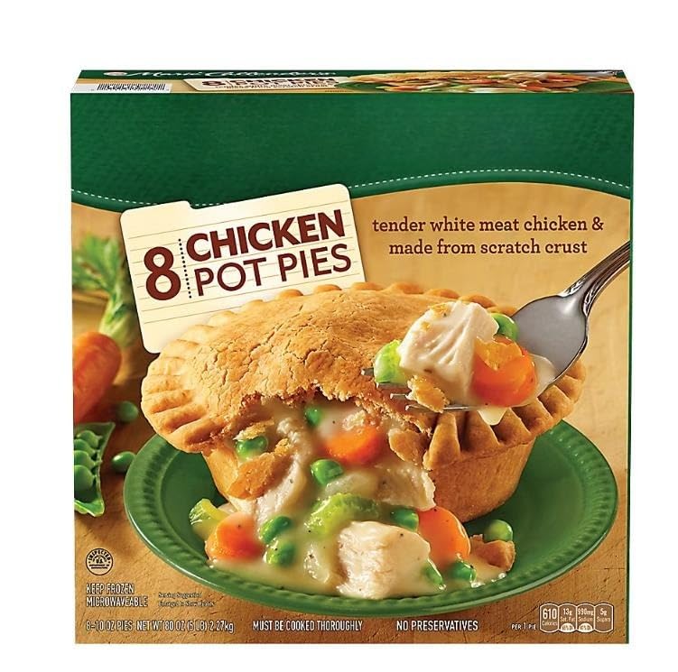 Chicken Pot Pies are made with tender white meat chicken, carrots, celery, and peas that are prepared in a golden, flaky, made from scratch crust. It makes for a hearty, warm homemade taste you'll want to savor. This box contains eight frozen chicken pot pies that are easy to prepare in the oven or microwave. [ 80 oz , 5 lb ]