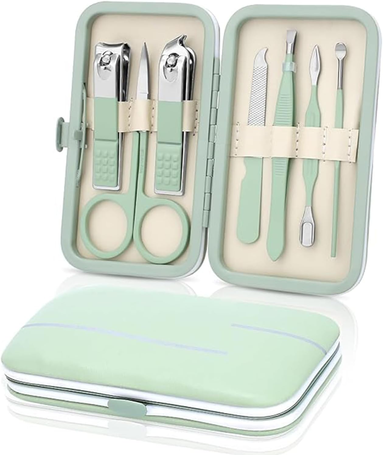 Manicure Set 7 Pieces Stainless Steel Nail Care Set Nail Clippers Pedicure Kit Toenail Clipper Grooming Tool-Pedicure Kit & Toe Nail Cutter-Thick Nail Scissors Toiletries with Cuticle Trimmer (Green)