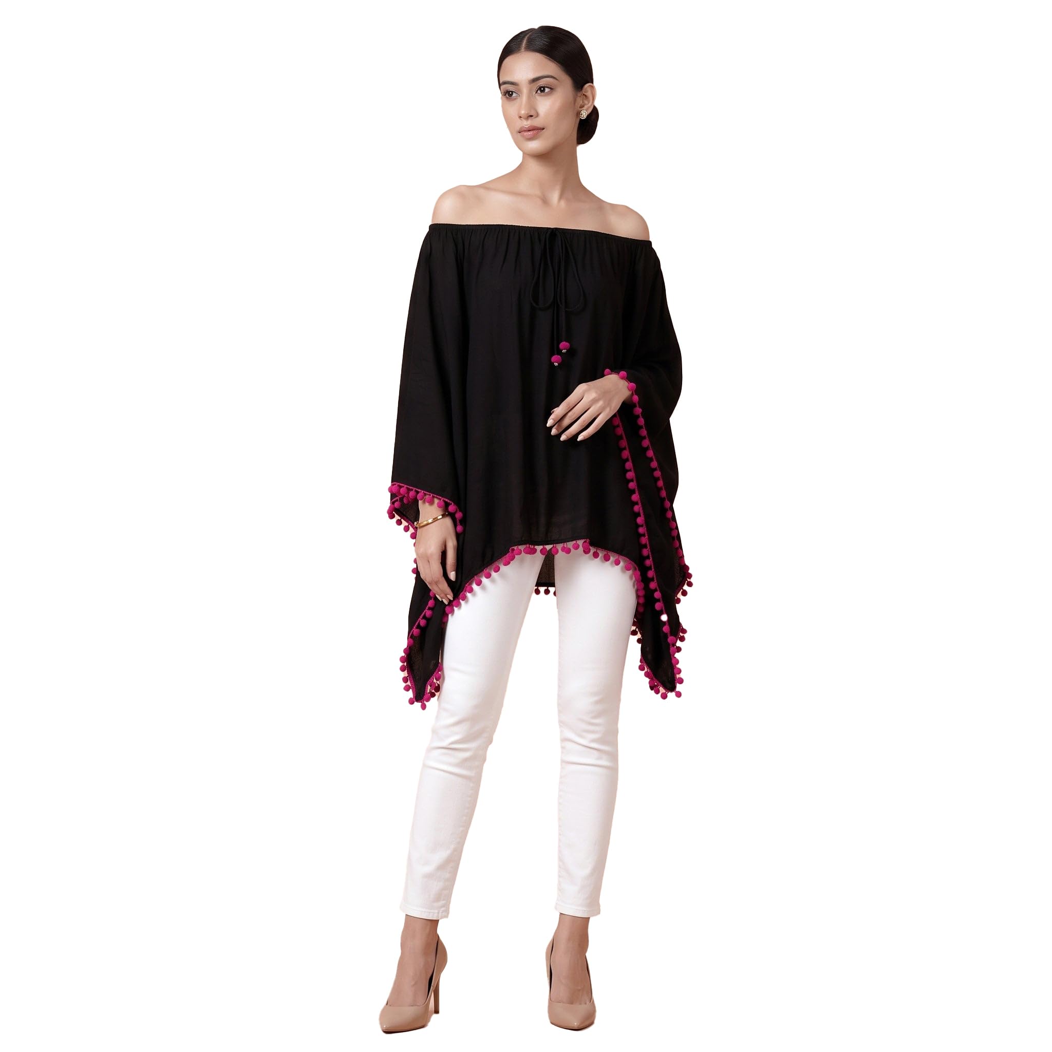 first resort Black Pom Pom Poncho in Viscose Rayon - Top for Women by Ramola Bachchan-picture-11