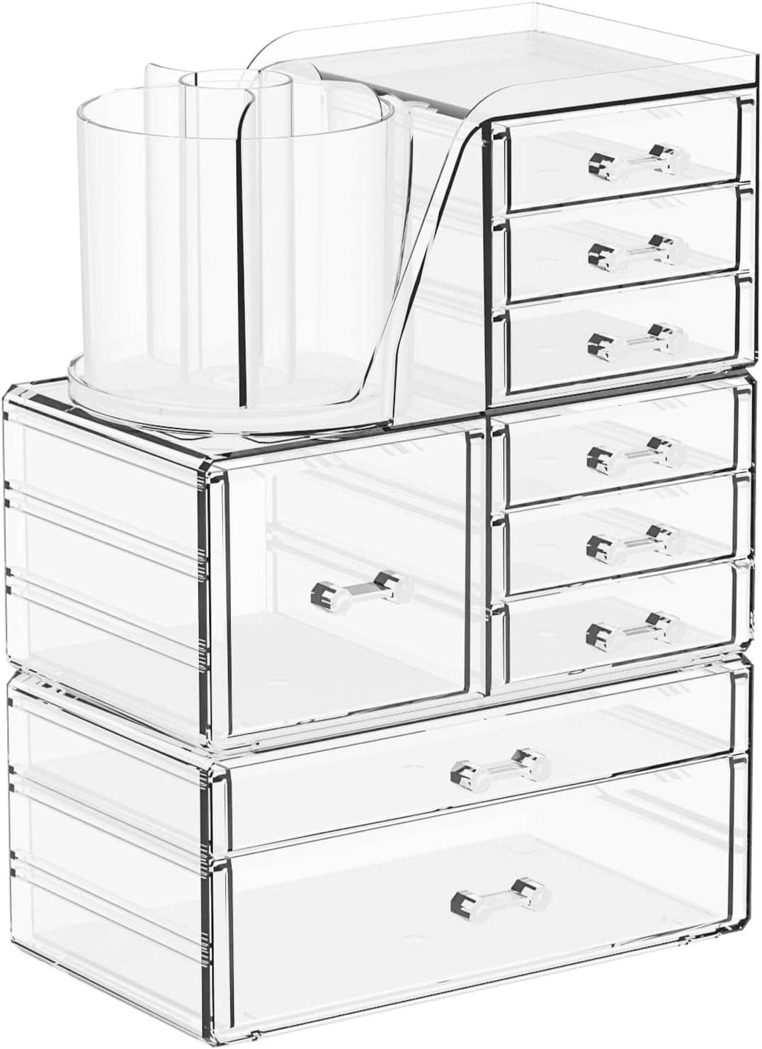 SuoXing 3 Pack Clear Acrylic Makeup Organizer for Vanity With 9 Drawer, Skincare Organizers Countertop With Make up Brush Holder,Bathroom Make up Drawer Storage for Beauty,Hair Accessories Organizer SuoXing 3 Pack Clear Acrylic Makeup Organizer for Vanity With 9 Drawer, Skincare Organizers Countertop With Make up Brush Holder,Bathroom Make up Drawer Storage for Beauty,Hair Accessories Organizer