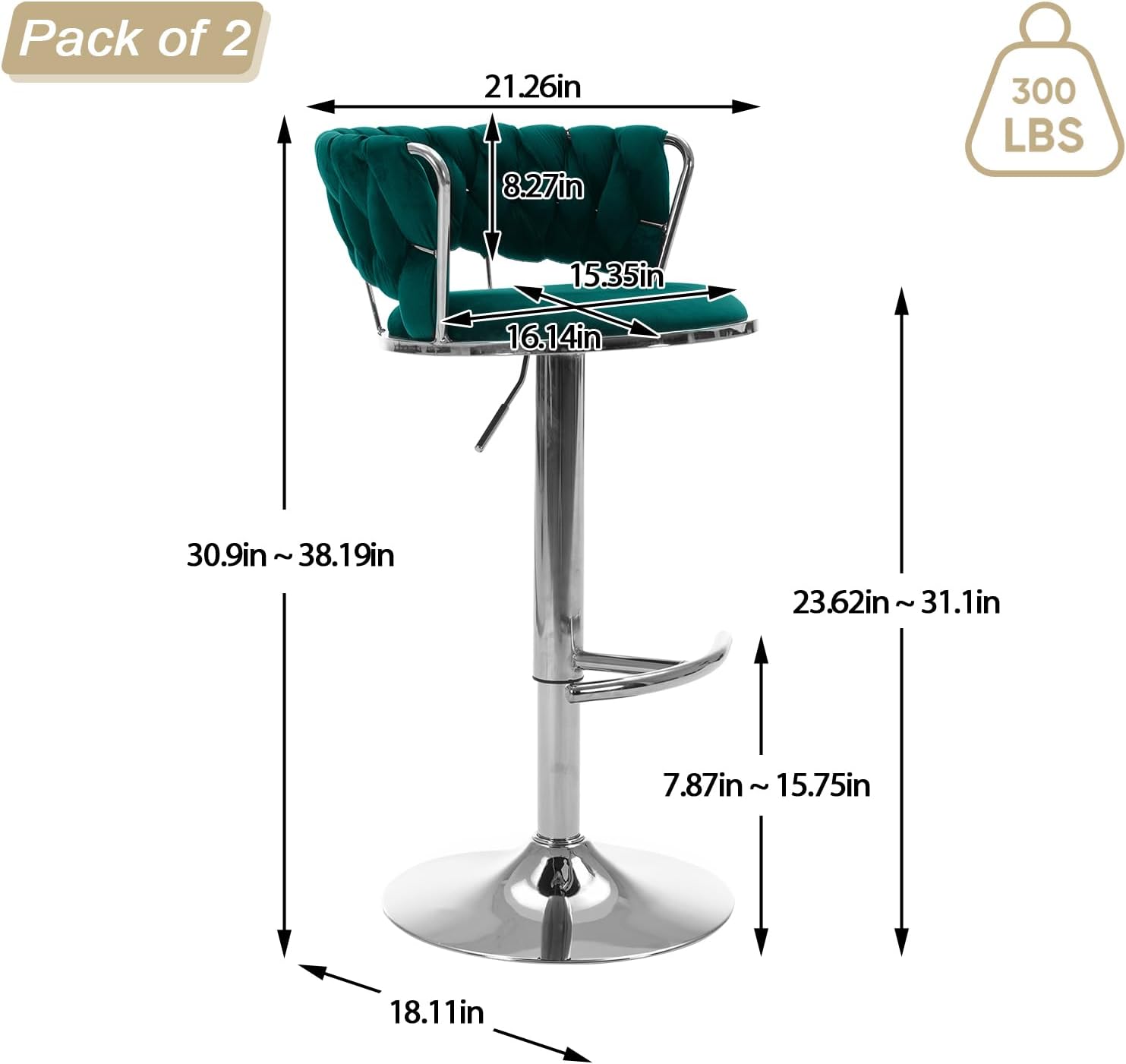 Velvet Swivel Bar Stools Set of 4, Modern Adjustable Barstools with Woven Back, Counter Height Bar Stool with Silver Leg, Upholstered Bar Chair for Kitchen Island, Pub, Cafes, Bar, Counter (Emerald)
