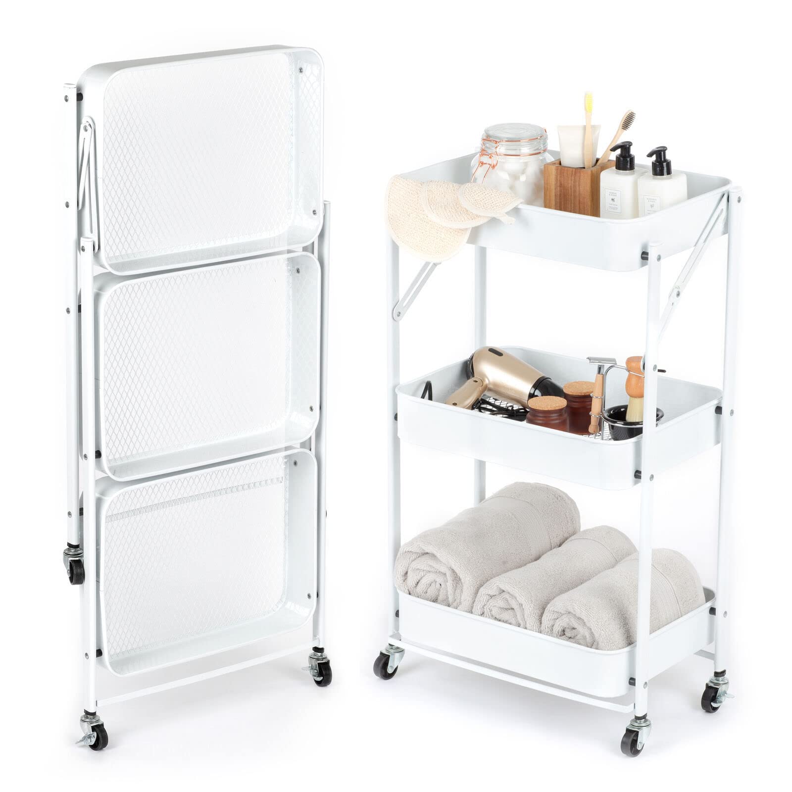 White 3 Tier Foldable Storage Trolley Cart | Foldable Rolling Carts | Trolley with Locking Wheels