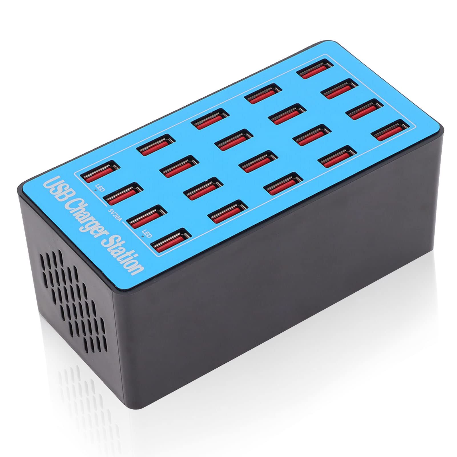 Caricatore USB, 5V 20A 100W 20 Porte Stazione di Ricarica Hub USB Caricatore Rapido USB con Ventola di Raffreddamento a 50 Gradi per Tablet Telefono