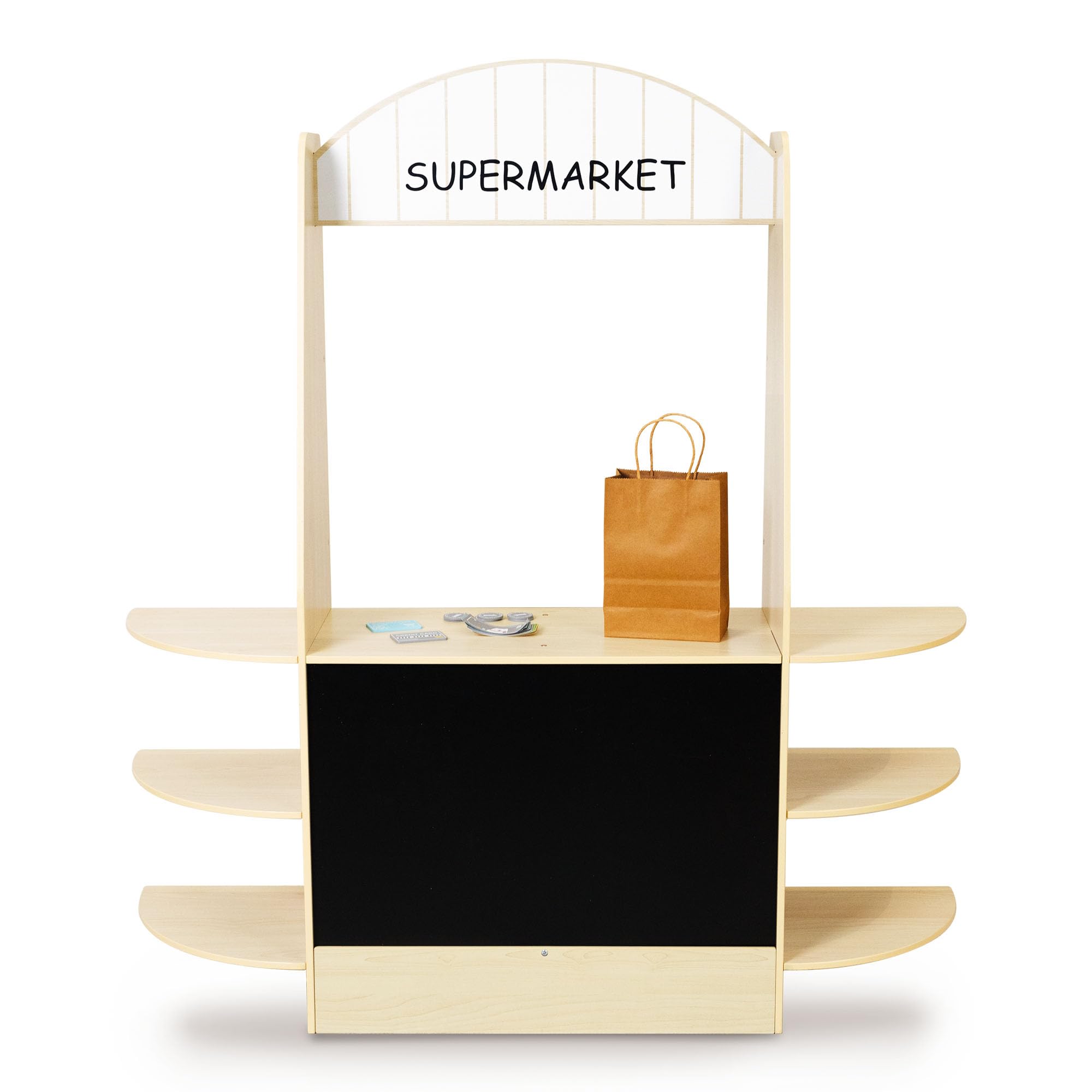 Mamabrum Grande Negozio di Legno per Bambini - 91 Pezzi per Gioco di Shopping con Lavagna, Frutta Verdura Cassa Accessori Educativi Divertimento 3+