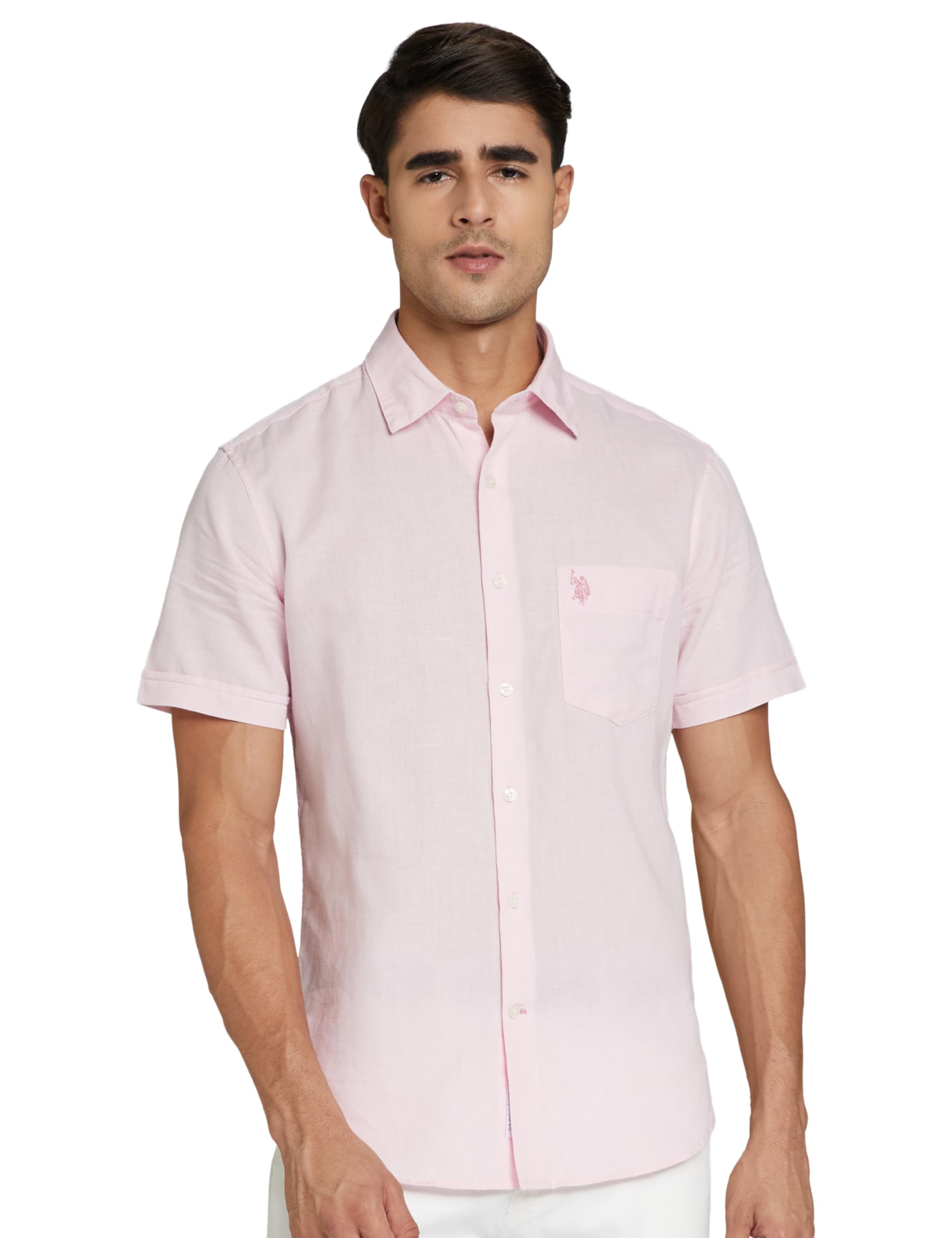 u. s. polo assn. Men's Solid Cotton Linen Spread Collar Half Sleeve Tailored Fit Shirts-picture-35