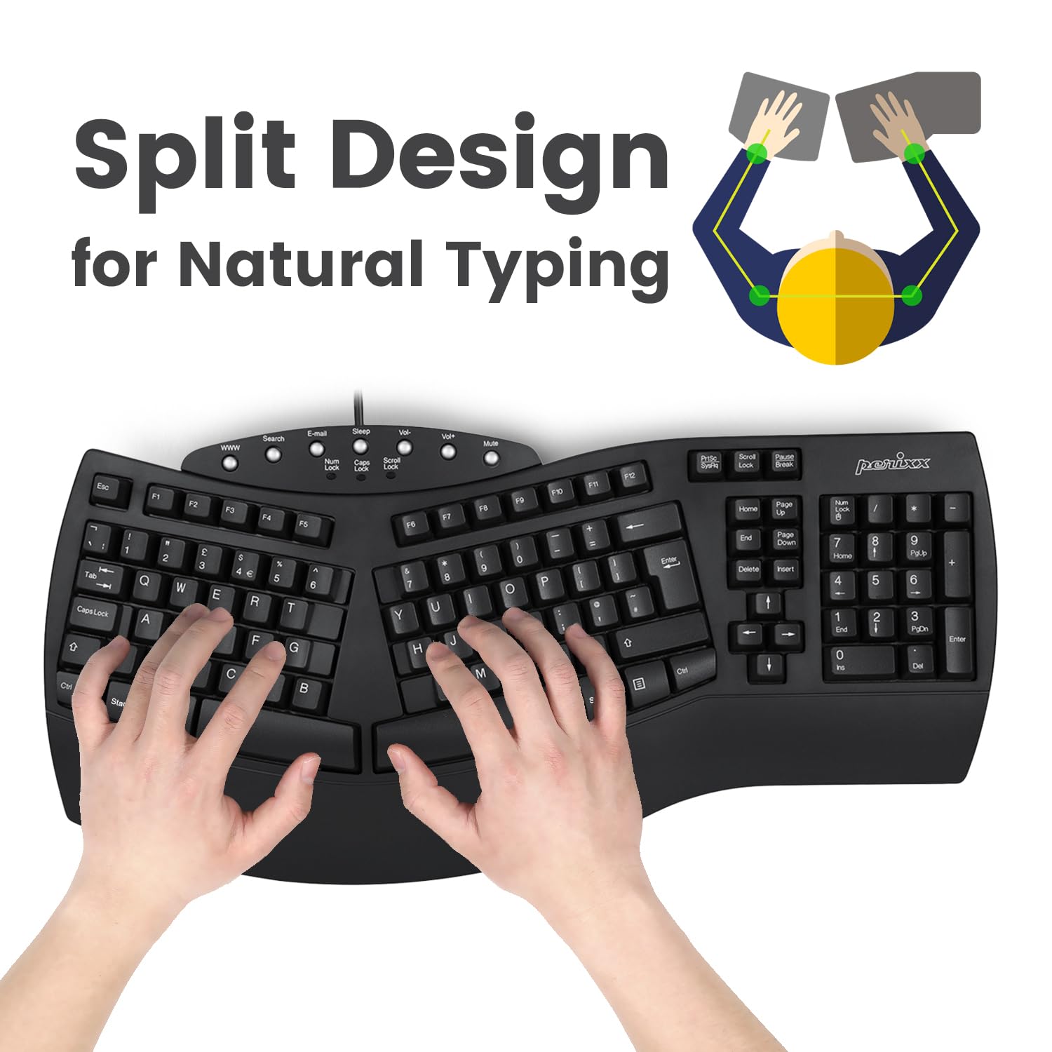 Perixx PERIDUO512B, tastiera ergonomica cablata e mouse verticale Combo USB Nero UK QWERTY