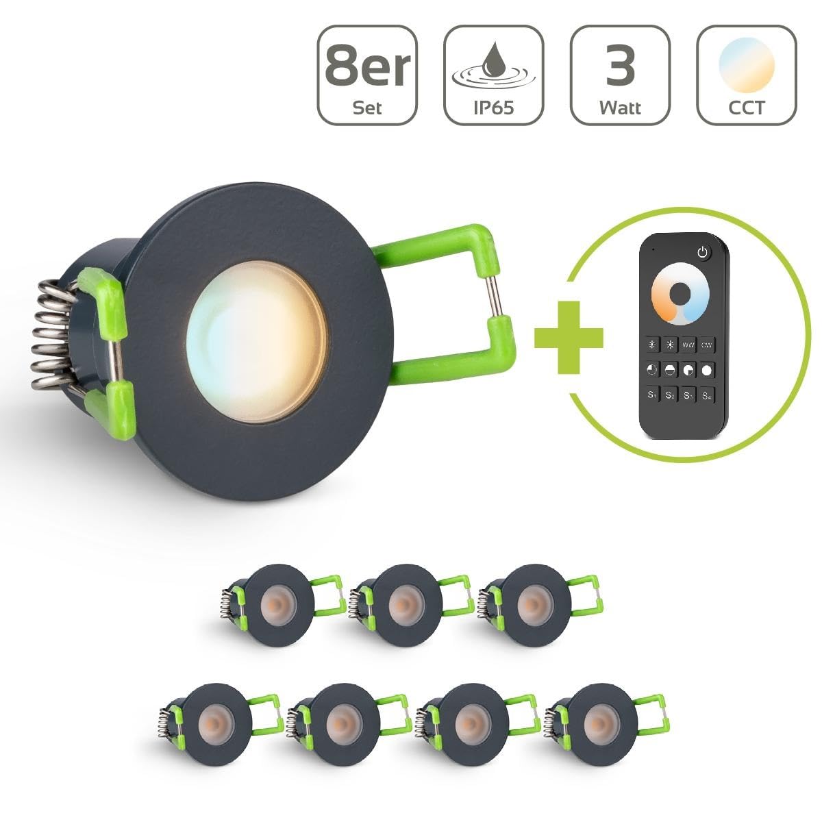 3W Mini LED Spots CCT Farbwechsel Warm-Neutral-Kalt-Weiß , Farbtemperatur einstellbar + Dimmbar über Funk & Wifi, smarthome Einbaustrahler IP65 Schutz für Innen- und Außen (Anthrazit, 8x Minispot)