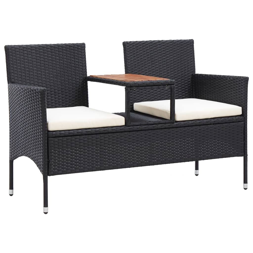 2-Sitzer Gartenbank mit Teetisch 143 cm Poly Rattan Schwarz Sitzbank mit integriertem Tisch und Sitzkissen für Balkon Terrasse Garten Lounge-Bank Zweisitzer Akazienholz