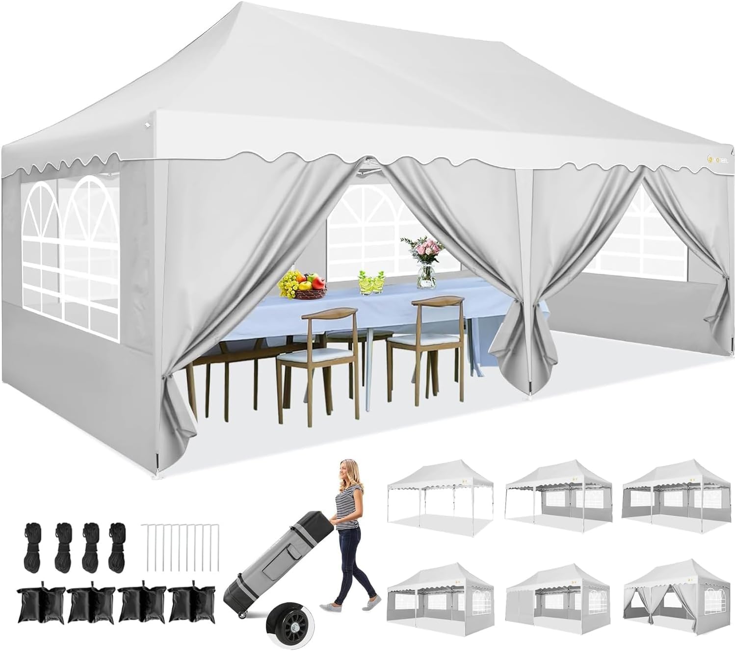 Hoteel Tonnelle Barnum Pliante 3x6 de Jardin Extérieur Professionnel avec 6 Parois, Sac à roulettes et 4 Sacs de Sable, Installation Facile pour Événements Extérieurs, Imperméable et UV50+, Blanc