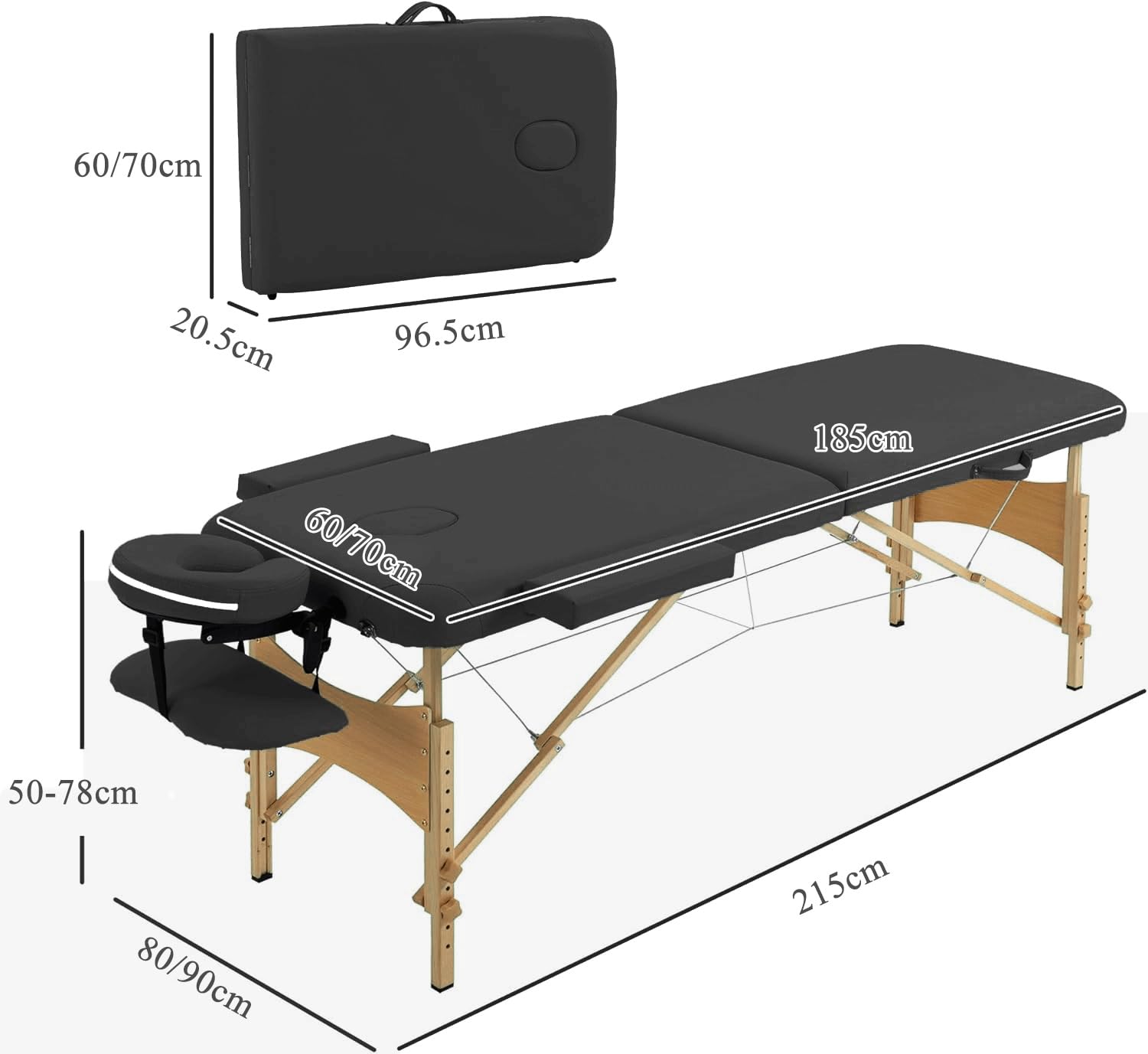 Lettino Da Massaggio Portatile - Lettino Estetico Pieghevole A 3 Sezioni Con Poggiatesta Regolabile, Braccioli E Borsa | Per Trattamenti Estetici, Tatuaggi E Terapia(Black,185 * 70 * 78cm)