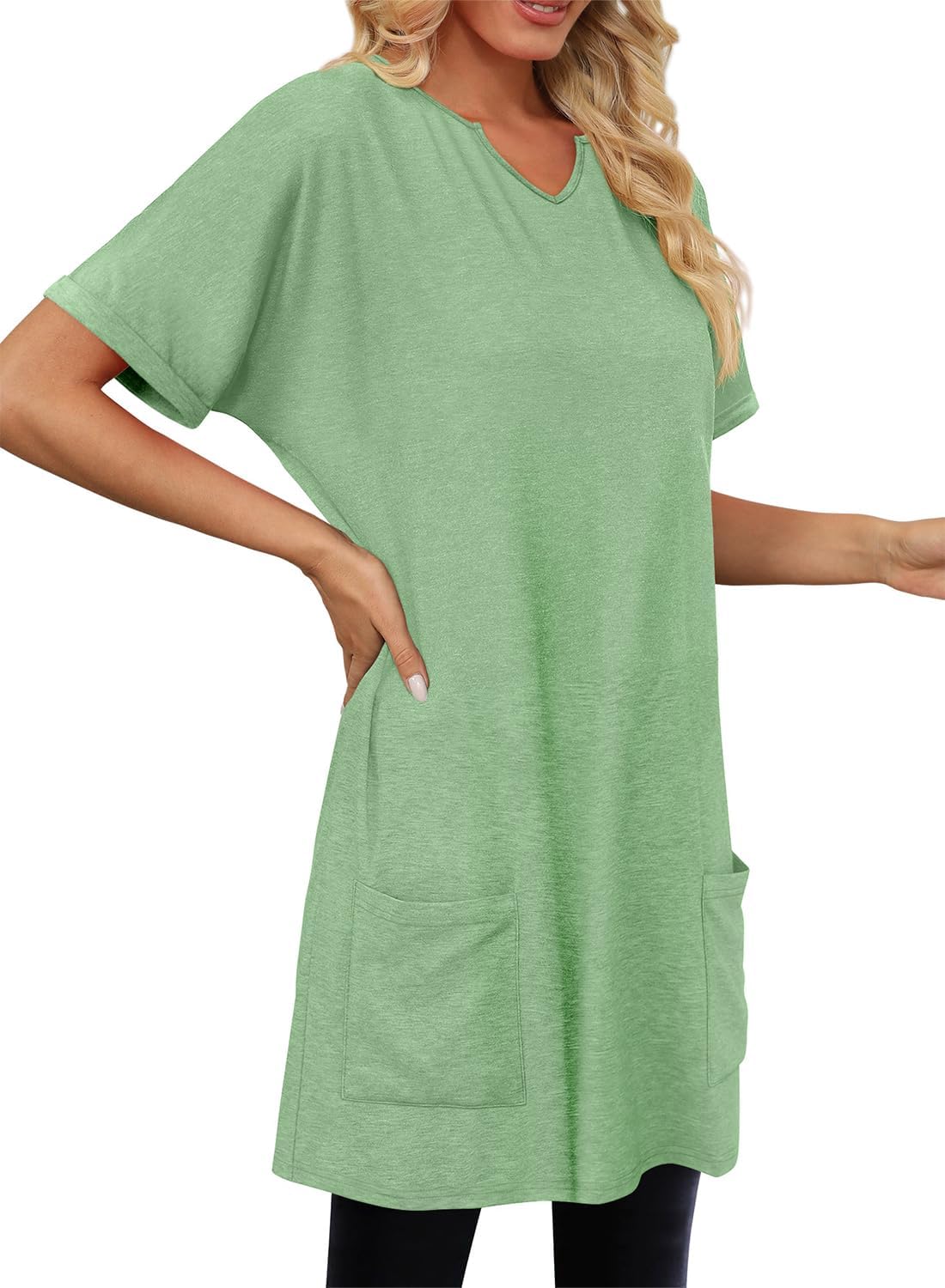 KISSMODA Woman Lightweight Dress with Hood Short Sleeve Summer Loose Pullovers with Pockets Long Tunics Top for Leggings - Image 3