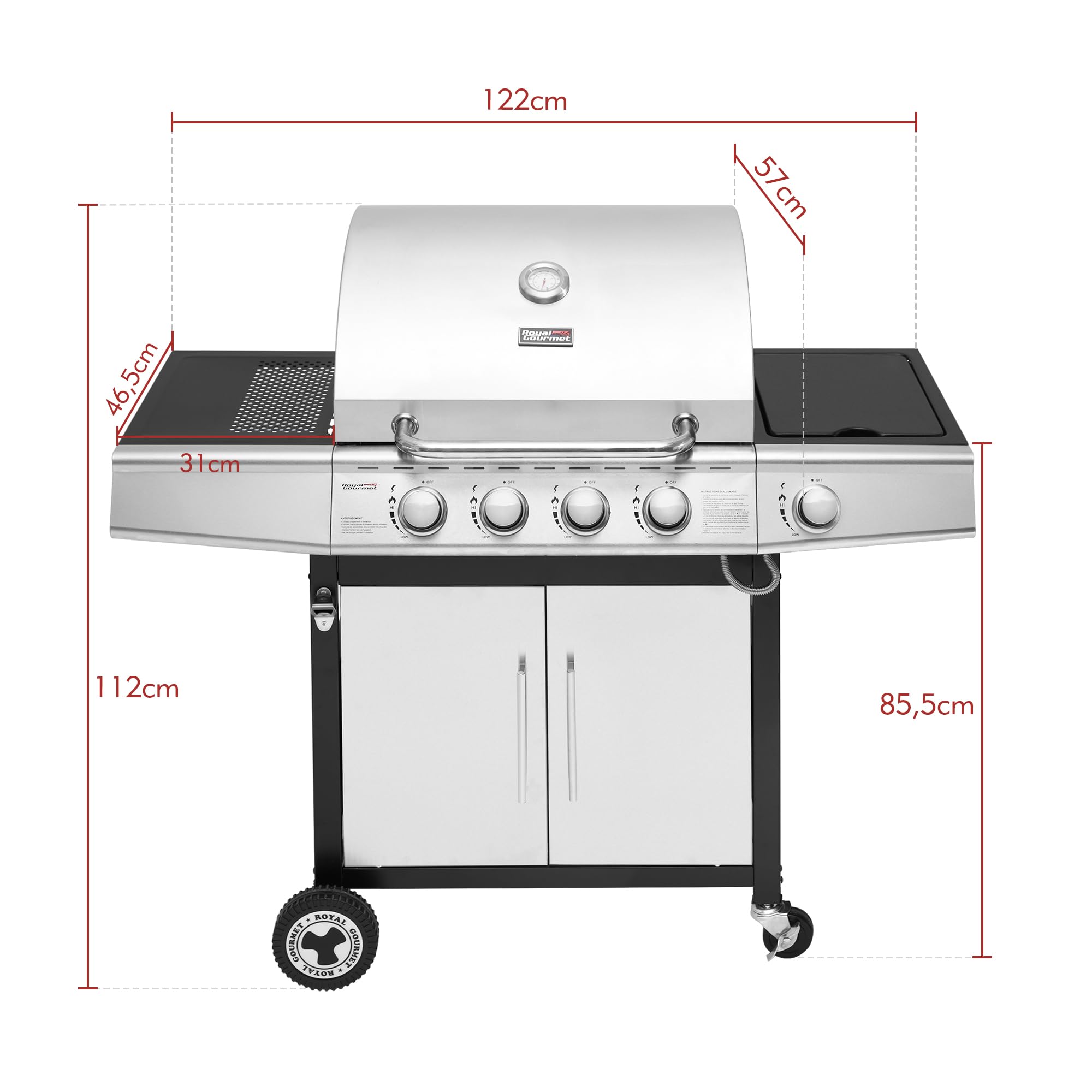 Royal Gourmet Barbecue Gaz 4+1 Brûleurs Acier Inoxydable 14,5kW Gril avec Tablettes Thermomètre 2 Roues Directionnelles 2 Portes