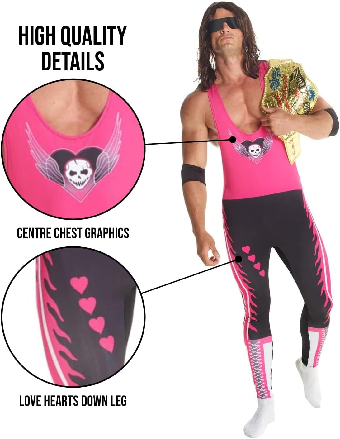 Morph Bret Hart Costume, Bret the Hitman Hart WWE Costume Adult, Wrestling Costumes for Men, WWE Costumes for Men