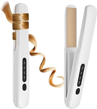 Cordless Hair Straightener and Curler, 2 in 1 Portable Mini Flat Iron & Curling Iron, Fast Heating & Titanium Plate Straightener with 4 Adjustable Temp,Travel Size Preferred Gifts White