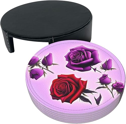 Miniatura 3 de Red and Purple Roses Fashionable Printed Leather Coaster Set,A Set of 6 Pieces,4 Inches in Diameter,Adding an Artistic Atmosphere to Your Desktop