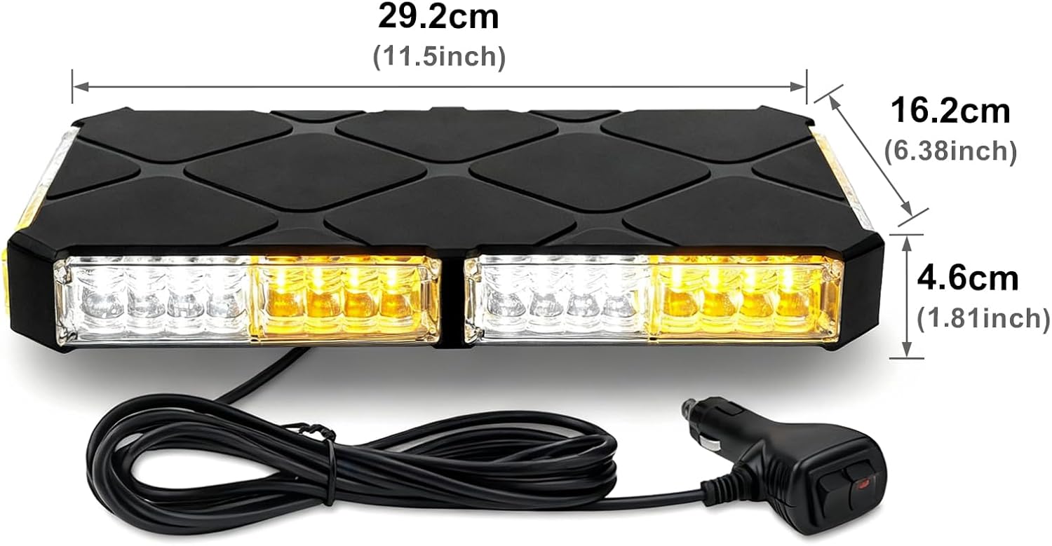 Roof Top Strobe Lights, High Visibility 48 LED Strobe Light, Waterproof Beacon Light with Magnetic & Rubber Suction for Trucks, Construction Vehicles & Commercial Trucks (Amber & White)