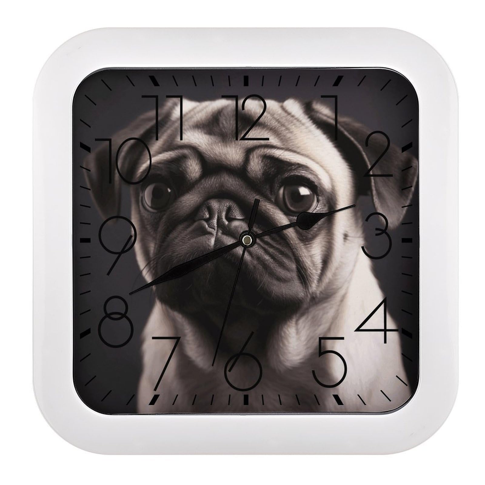 LZQPOEAS Pug Square Wall Clock, 10.2 Inch Battery Operated Silent Non-Ticking Wall Clock, Square Analog Decorative Clock for Home Wall Art, Living Room, Bedroom, and Office