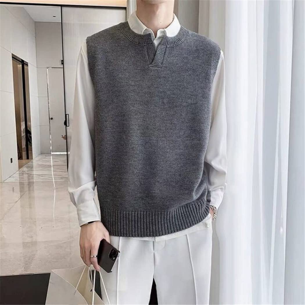 Suéter de los hombres delgado sin mangas chaleco otoño invierno casual color sólido chaleco cuello en V jersey de punto más tamaño, caqui, S