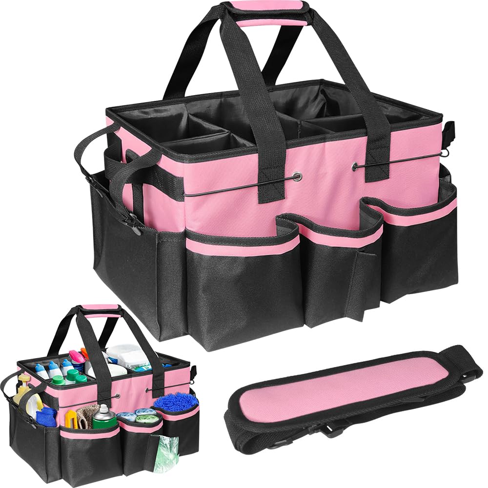 Nzkeuf Cleaning Caddy Bag, Large Cleaning Tote Bag Multi-Compartment with Detachable Divider, Wearable/Carry-On Cleaning Organiser for Housekeepers, Janitors, and Commercial Cleaning (Pink) — image 1