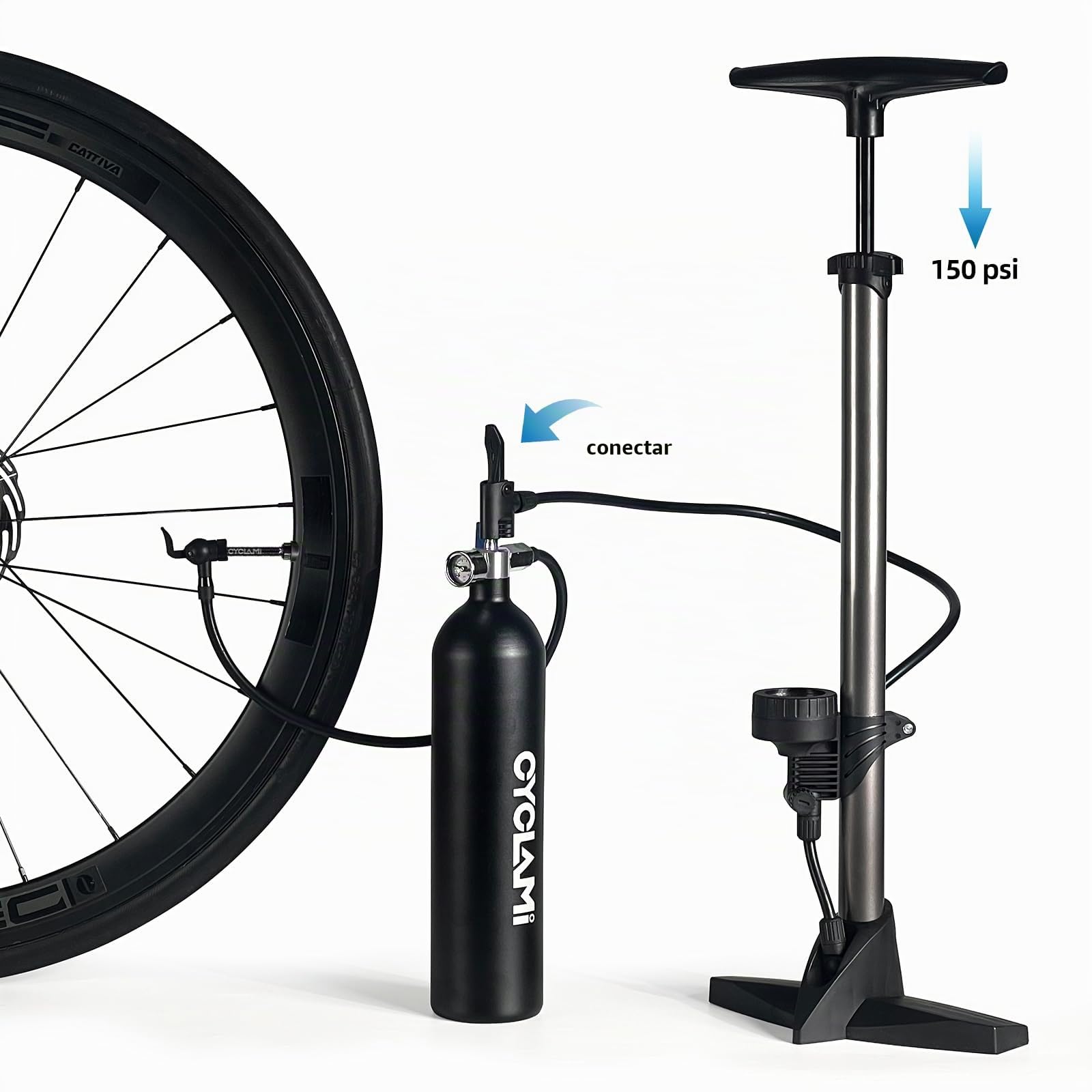 Inflador Tubeless con Barómetro 1,3 L / 200 PSI (13.79 Bar) - Aluminio Reutilizable Bomba para Inflar Neumáticos Tire Booster - Bomba de Aire Bicicleta de Carretera y Montaña con AV/FV