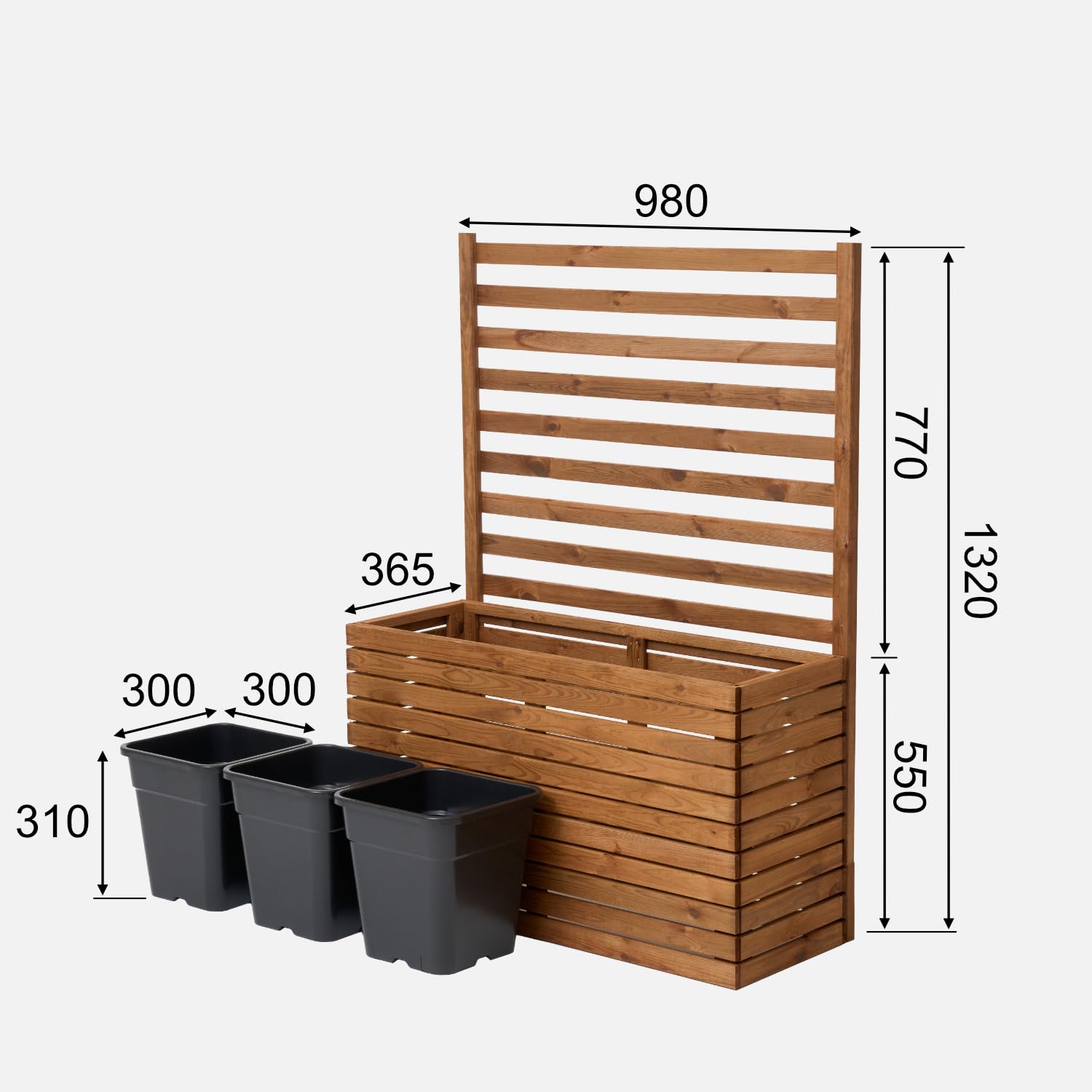 Vaso per piante con traliccio con fioriera, in legno, per giardino, balcone, terrazza, aiuola rialzata con inserto in plastica da 18 l (marrone orizzontale, 98 x 36 x 55 cm, H130)