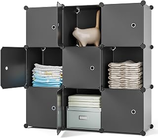 Closet Organizer, 9-Cube Storage with Doors, Closet Organizers and Storage Shelves, Portable Closet Storage System, Clothes Organizer Storage Shelf for Bedroom, Wardrobe, Black