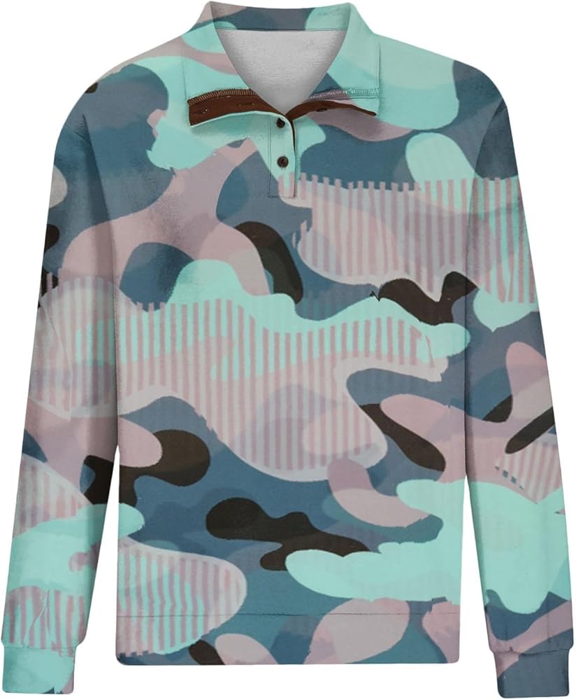 Sweatshirts für Herren, 3D-Camouflage-Druck, Stehkragen, langärmelige Sweatshirts mit 1/4-Knopfleiste, Hoodless Sweatshirts, lockere Passform, Arbeitskleidung, Oberteil, leichte Sport-Sweatshirts, AG