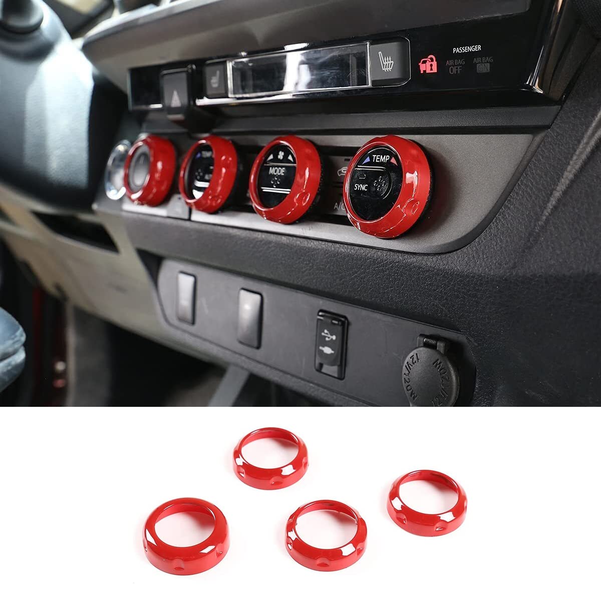 ERIDANUS Auto Accessories Fit for Toyota Tacoma 2023 2022 2021 2020 2019 2018 2017 2016 Central Control Knob Ring Decorative Trim (Red) ABS 4 PCS