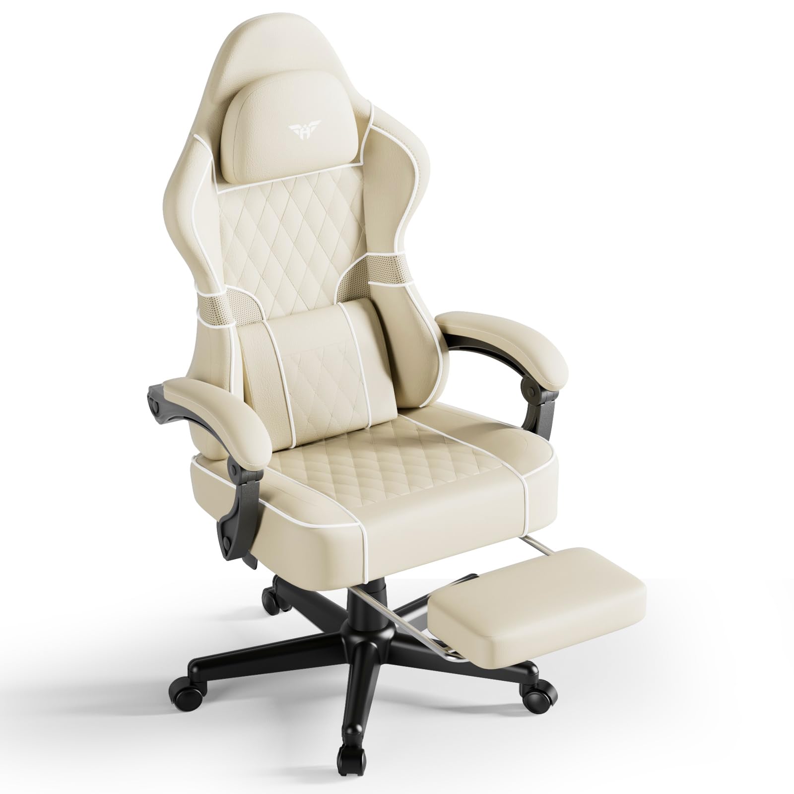 Huracan Chaise Gaming, Fauteuil Gamer avec Massage, Gaming Chair Ergonomique pour PU, Siège de Bureau Gaming réglable et pivotante à 360°, Chaise Gamer avec Repose-Pieds, Beige