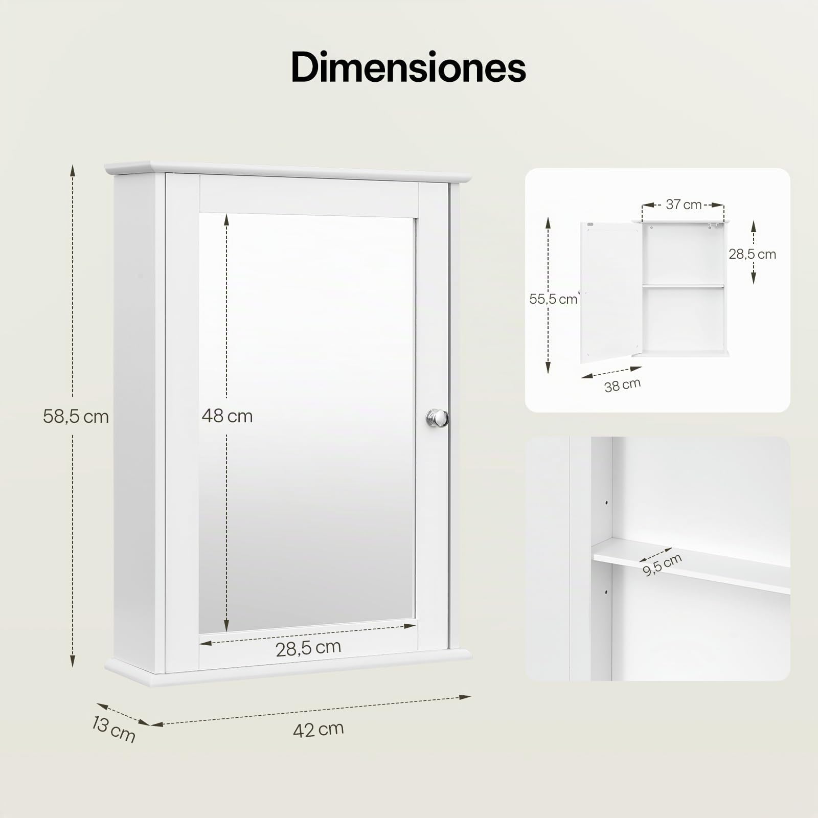eSituro Mueble de baño Suspendido de Espejo Armario de Ducha de Pared con Toallero y Estante de Medicamentos con Puertas Blanco 42x58,5x12cm