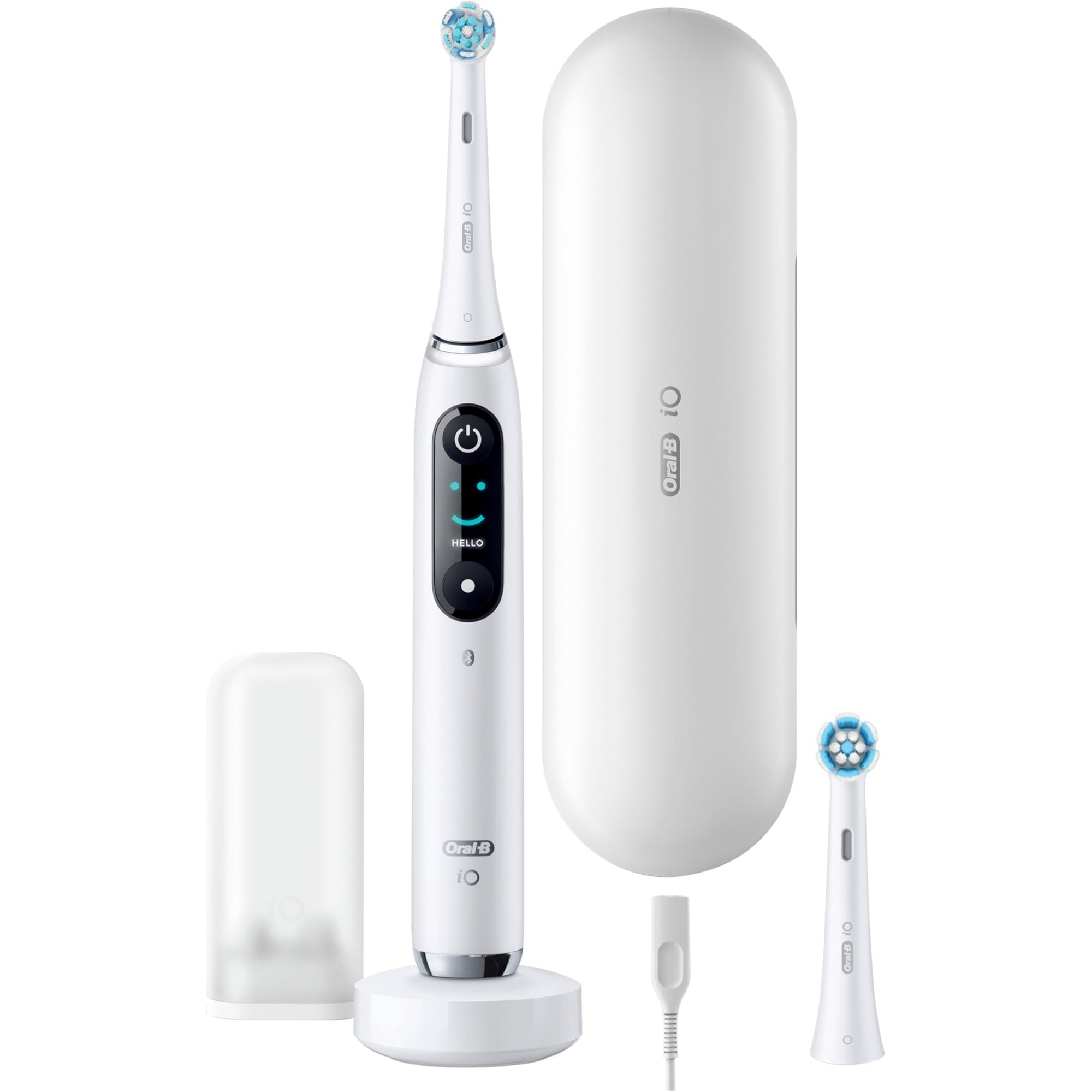 Oral-B iO Series 9 Brosse à dents électrique, 2 brossettes, 7 modes de brossage, soin des dents, écran couleur, étui de voyage, albâtre blanc