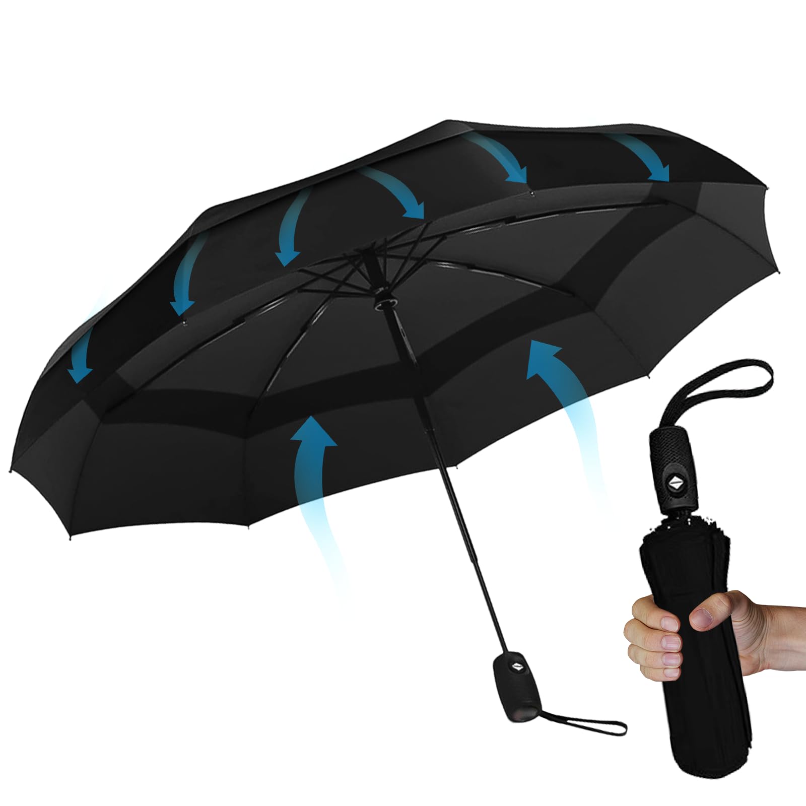 YBCCBYWindproof Travel Umbrella, Automatic Folding Umbrellas, 9-Rib Compact Travel Umbrella, Double Vented Canopy, 210T Teflon Coating, One-Touch Automatic Opening and Closing Handle
