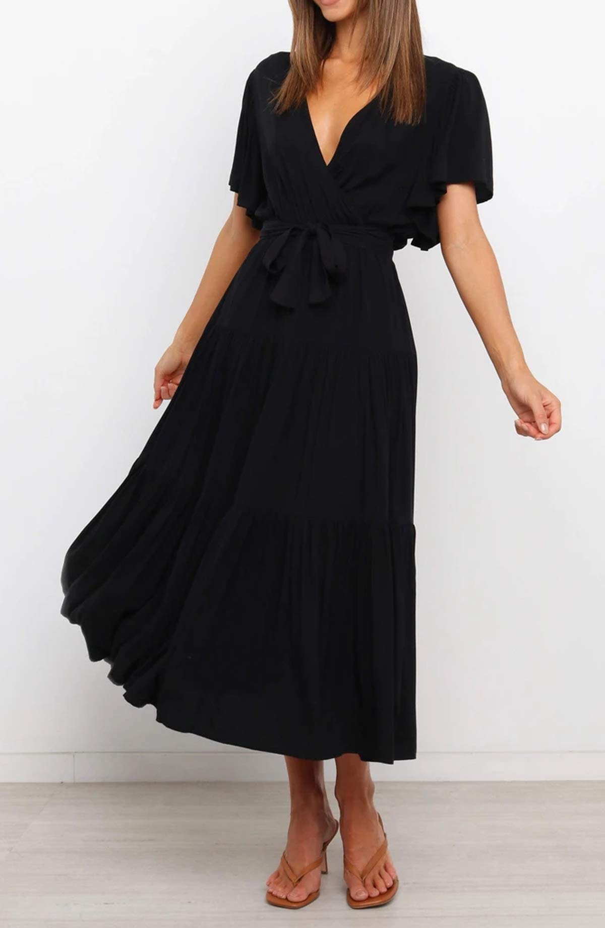 R.Vivimos Summer Dress for Women Cotton Ruffle Short Sleeves V Neck Casual Flowy Midi Dress with Belt