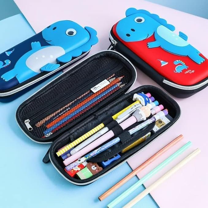 Image of Dinosaur Hardtop Pencil Case with Multiple Compartments - Kids School Supply Organizer Students Stationery Box - Girls Pen Pouch (Small Dinosaur Pouch Blue)