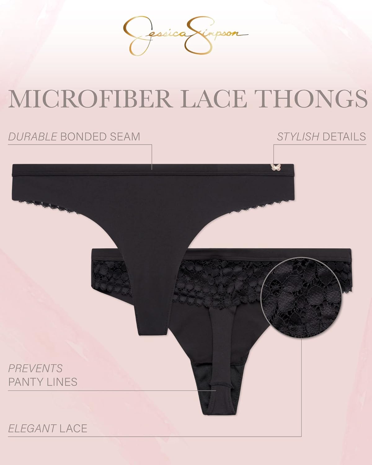 Jessica Simpson Women's Underwear Breathable Thongs, No Show Ladies Panties, Soft Microfiber Stretch Lace, Tanga, 3 Pack