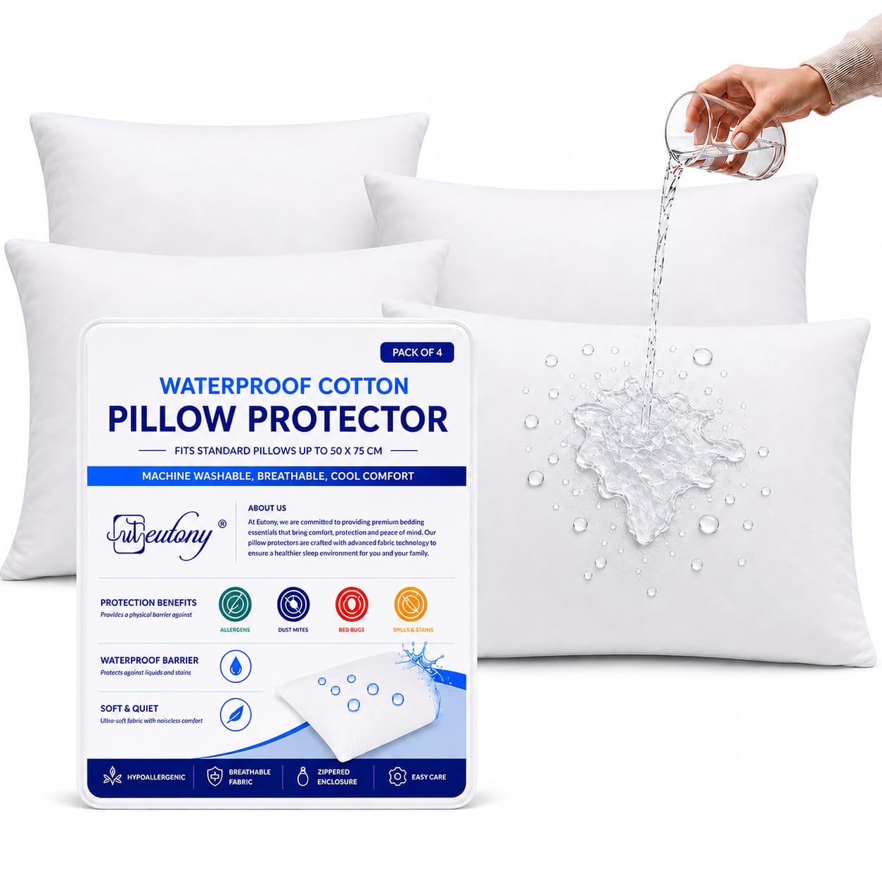 Eutony 4 Pack 100% Cotton Pillow Protectors, Ultra Luxe 100% Waterproof Soft & Breathable Zipped Pillow Protector, Hypoallergenic, Machine Washable, White 50 x 75 cm