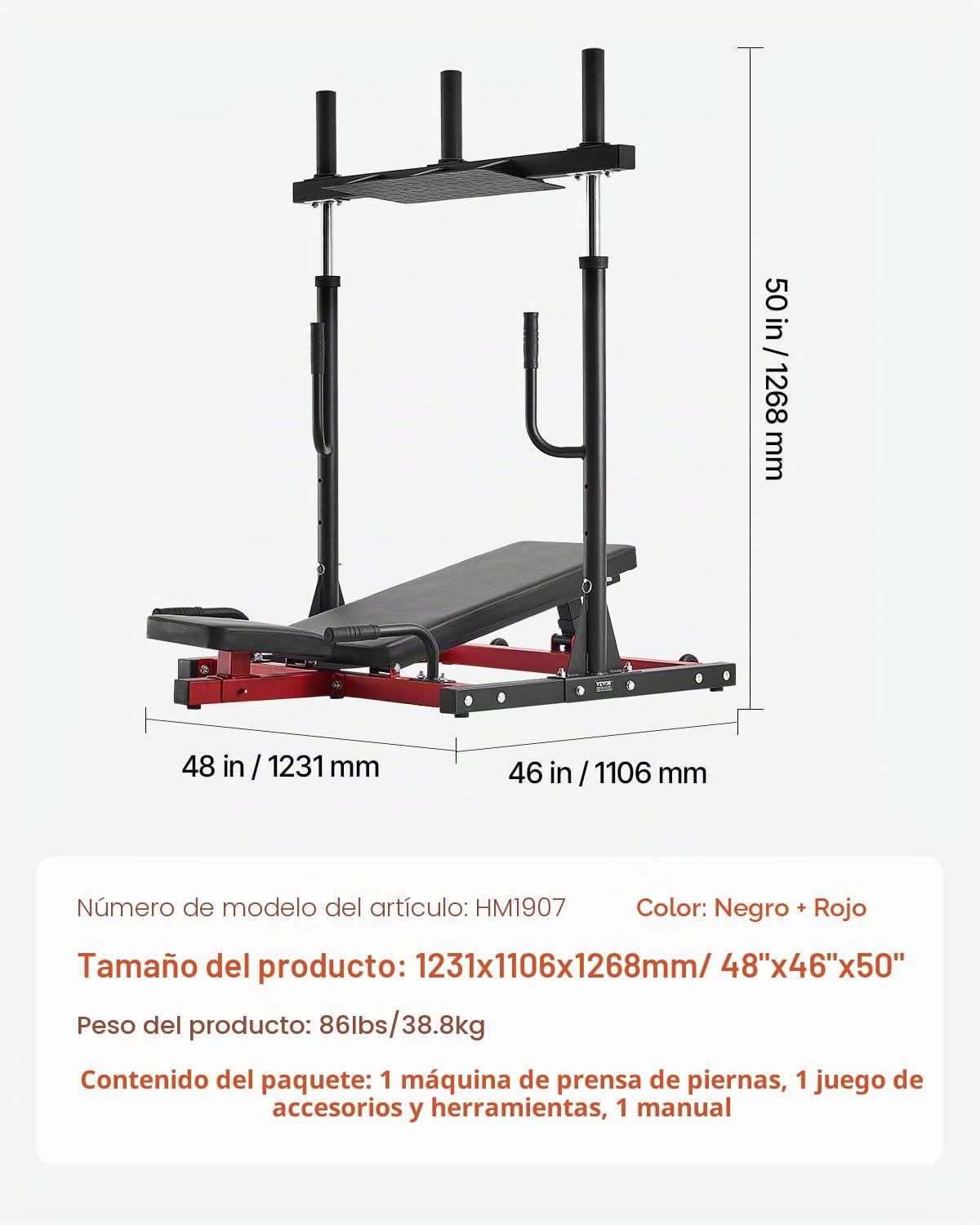 VEVOR Prensa de Piernas Vertical, Máquina de Gimnasio en Casa Especial para la Parte Inferior del Cuerpo, Acero al Carbono, para Prensas Alta Intensidad, Capacidad 259 kg, 1268 x 1231 x 1106 mm