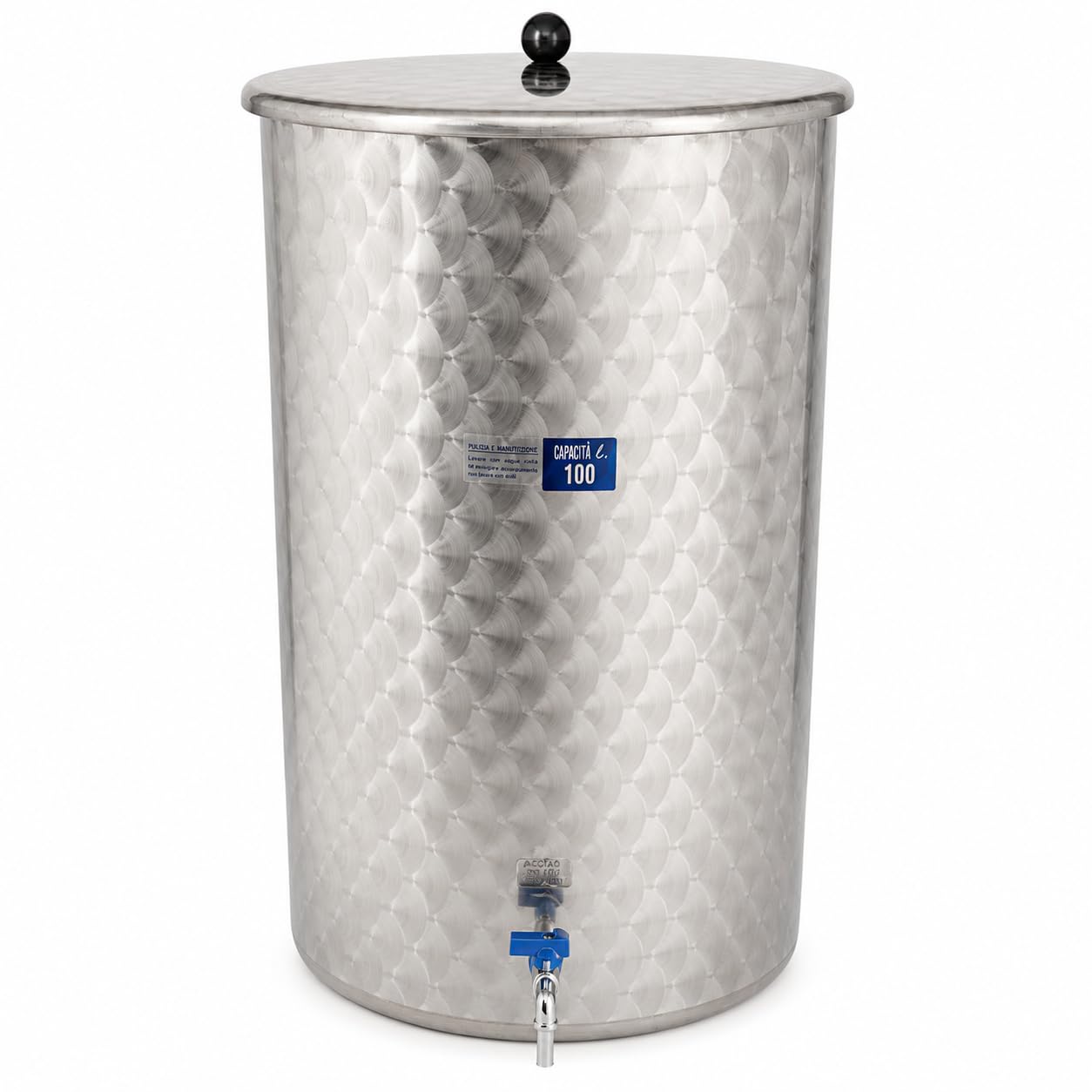 Depósito de Acero Inoxidable para Aceite y Vino 100 L, AISI 304 con Tapa Guardapolvo y Grifo, Interior Efecto Espejo, Ø43 x 80 cm