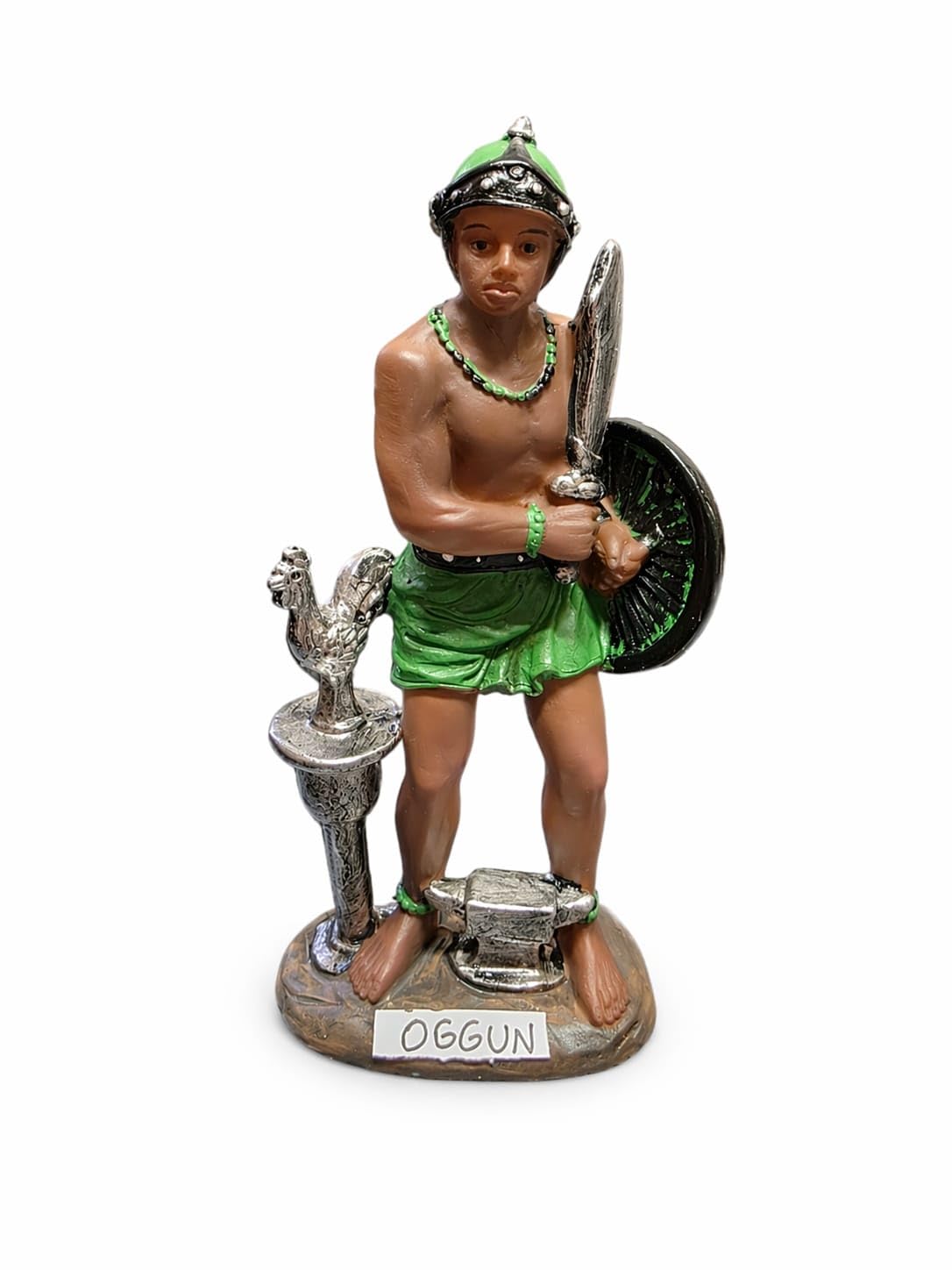 JAVIER, S.A Estatua de Oggún, Orisha del Hierro y el Trabajo, Figura Religiosa de Resina con Yunque y Escudo, 15 cm