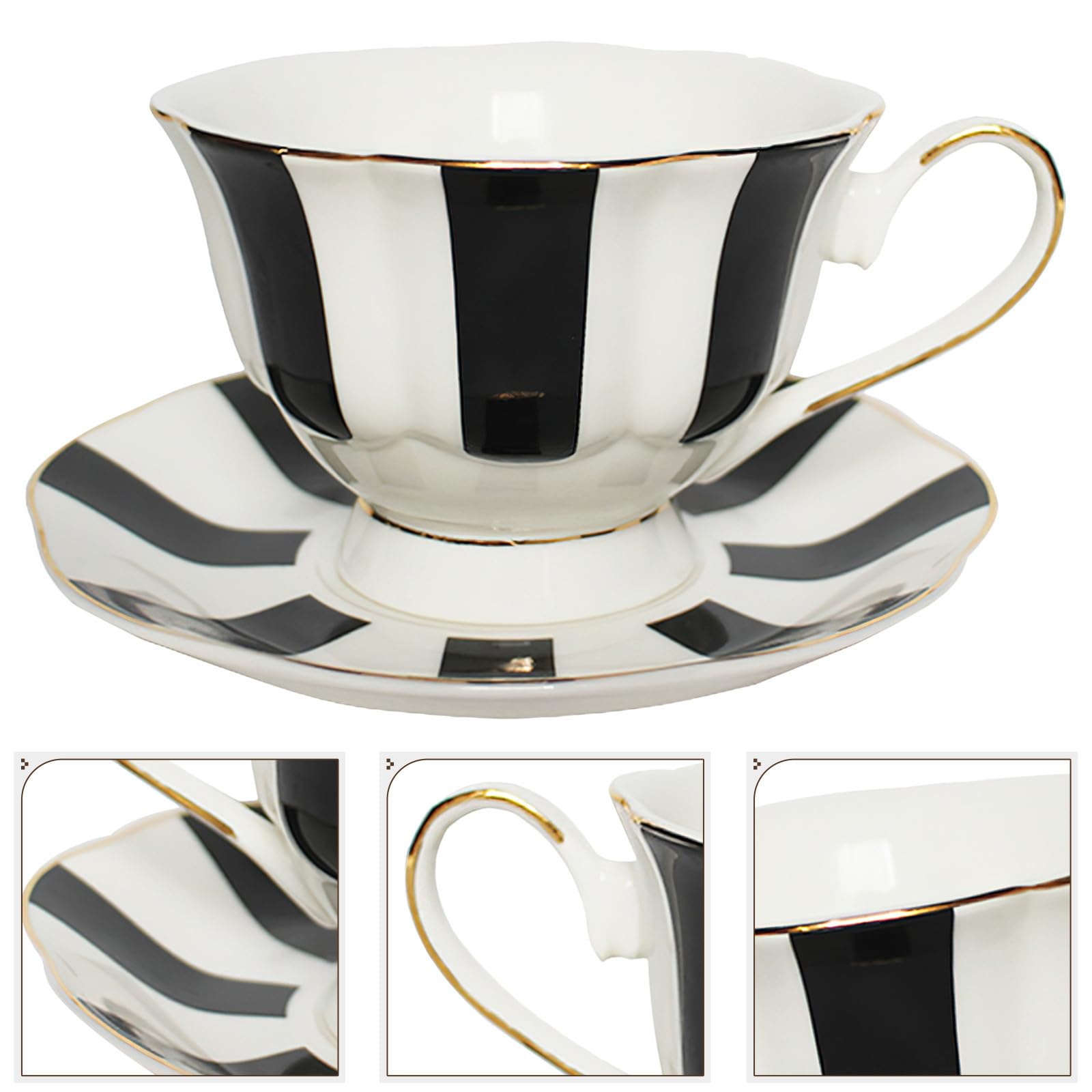 HANABASS Set de Tasses à Café en Céramique Noire Soucoupes à Pois, Style Européen Délicat, Bords Lisses et Prise en Main Confortable pour Thé et Latte