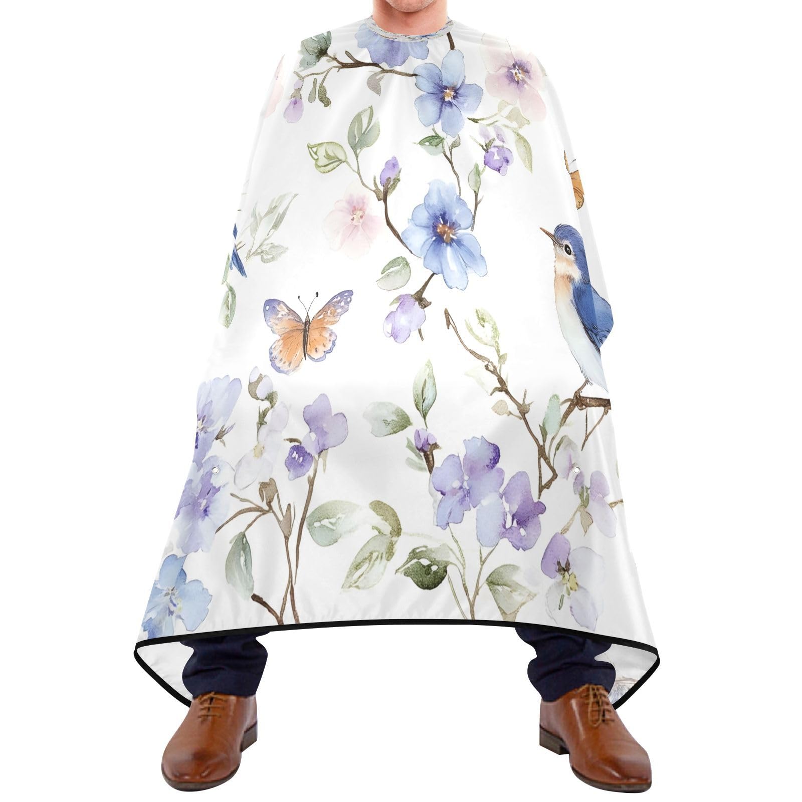 BOESI Watercolor Bird and Flower Pattern Barber Shawl, Waterproof Haircut Shawl, Haircut Salon Apron, Shaving Bib, 55 x 65 inches