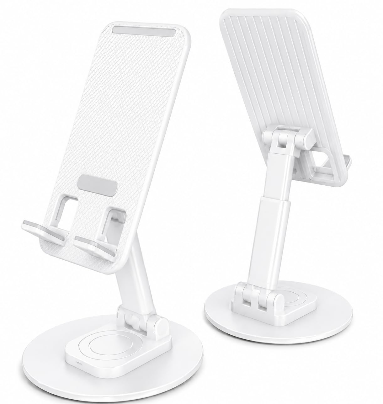 foldable adjustable phone & tablet stand | 360° rotating metal base | height & angle adjustable mobile holder | portable desktop stand for smartphones, tablets & ipads (white)