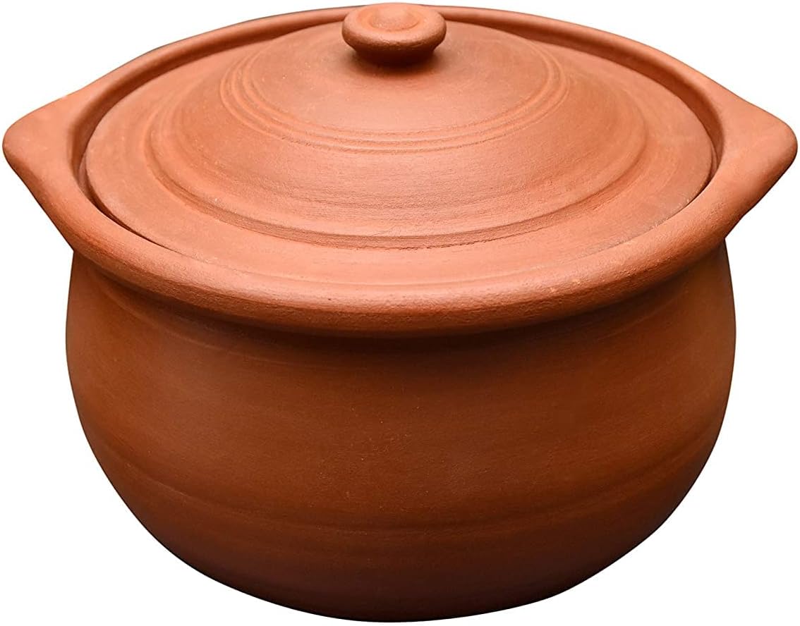 EZAHK Handmade Clay Earthen Nonstick Kadai Pot with Lid for Cooking & Serving - Natural and Traditional Pure | 3 liter