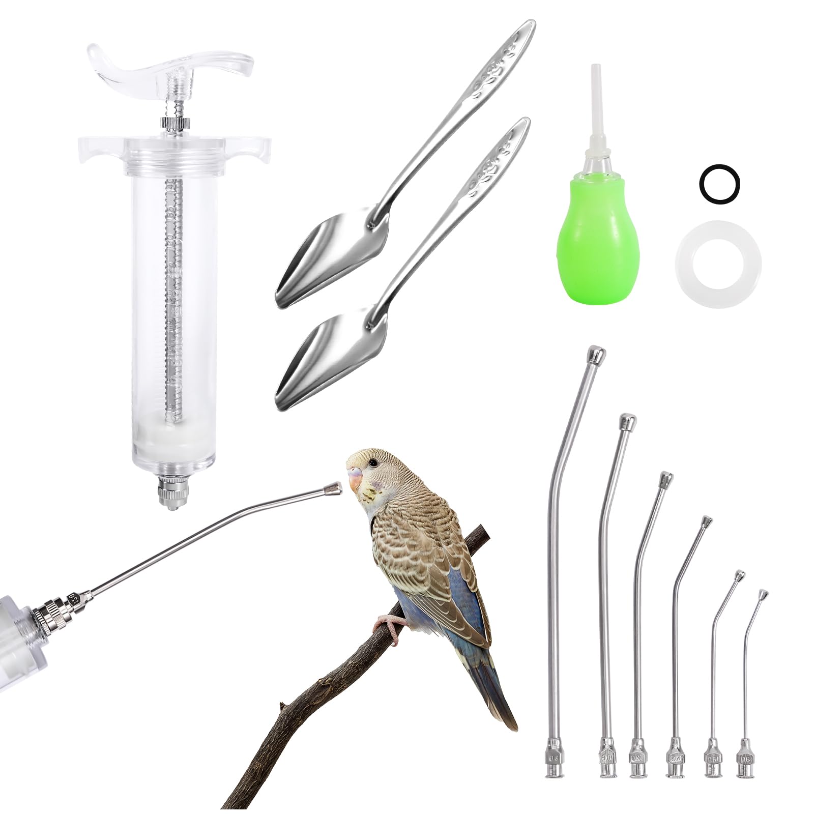 50ML Baby Bird Feeding Syringe Set Pet Syringe with 6 Pcs Curved Gavage Feeding Tubes and Bird Drinker Stainless Steel Metal Feeding Spoon for Baby Birds Parrot Small Pet