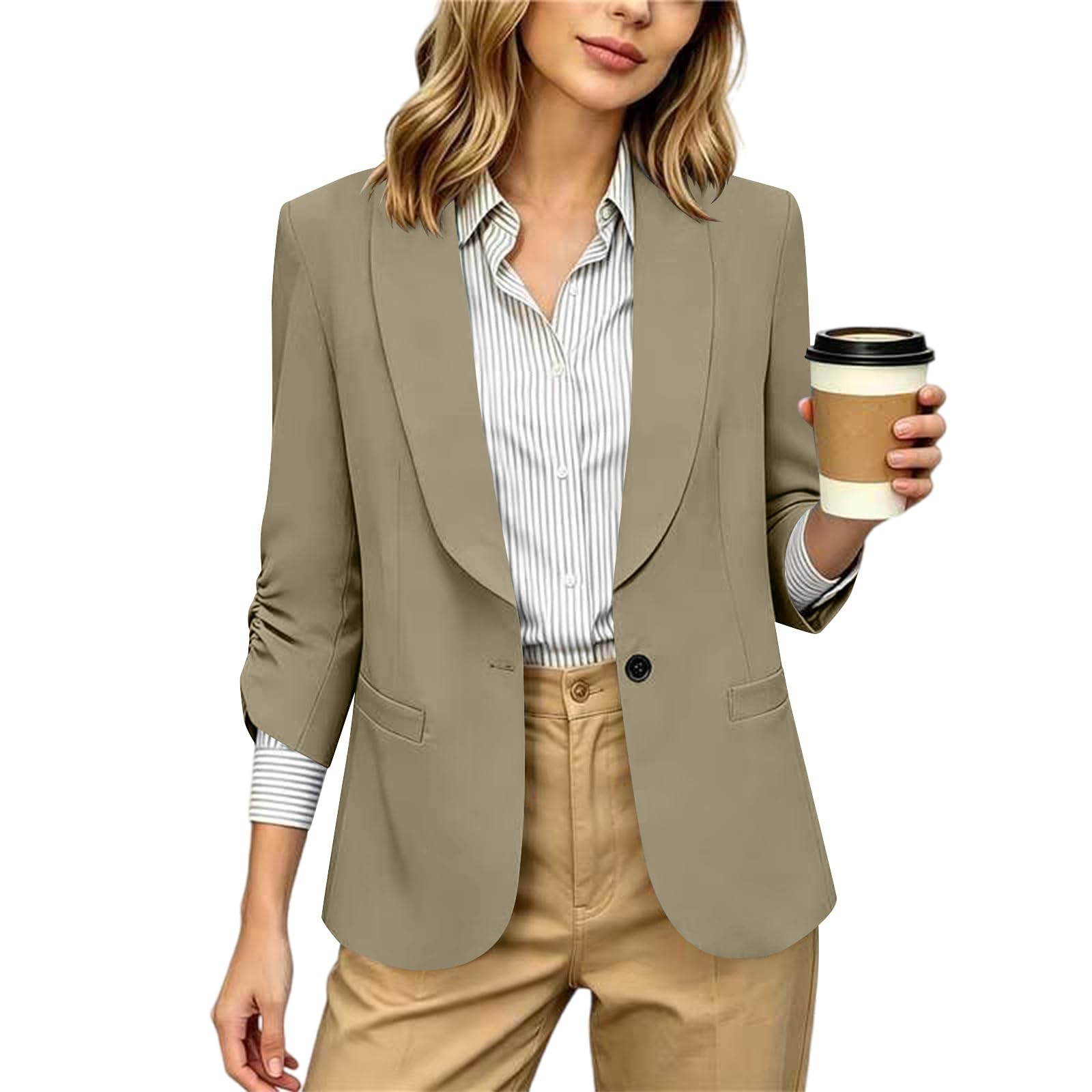 RLEHJN Damen Blazer,Lange Casual Open Front Gefütterte Blazer Arbeit Büro Jacken mit Taschen Sportlich Elegant Blazerjacke Casual Blazer Jacket Übergangsjacke Business Casual Outfits Für Die Arbeit