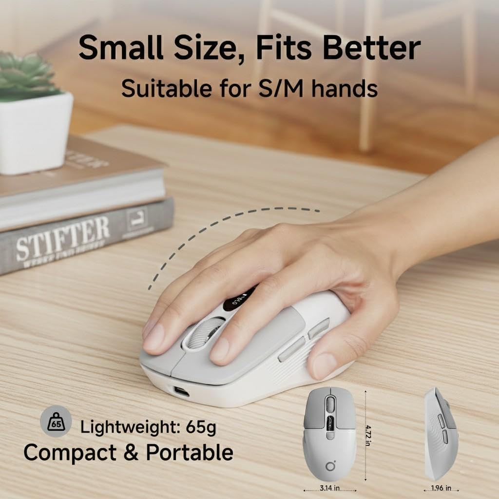 A hand holding the 65g ultra-lightweight SEUNKWANG Q1 mouse, highlighting its compact and portable ergonomic design suitable for small to medium hands.
